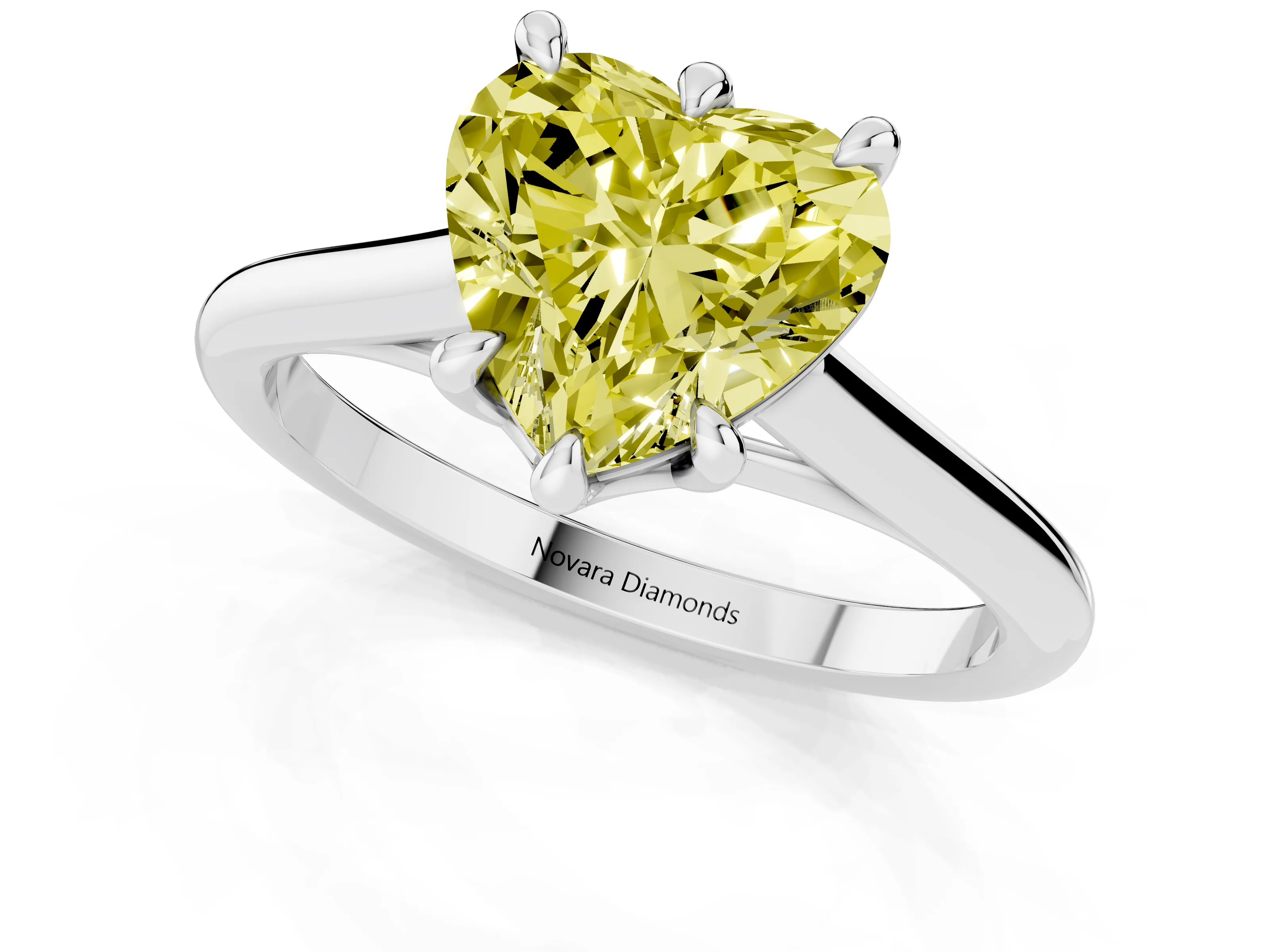 Fancy Yellow Heart Cut Diamond Solitaire Engagement Ring Set in Platinum with Prong Setting and Plain Classic Band