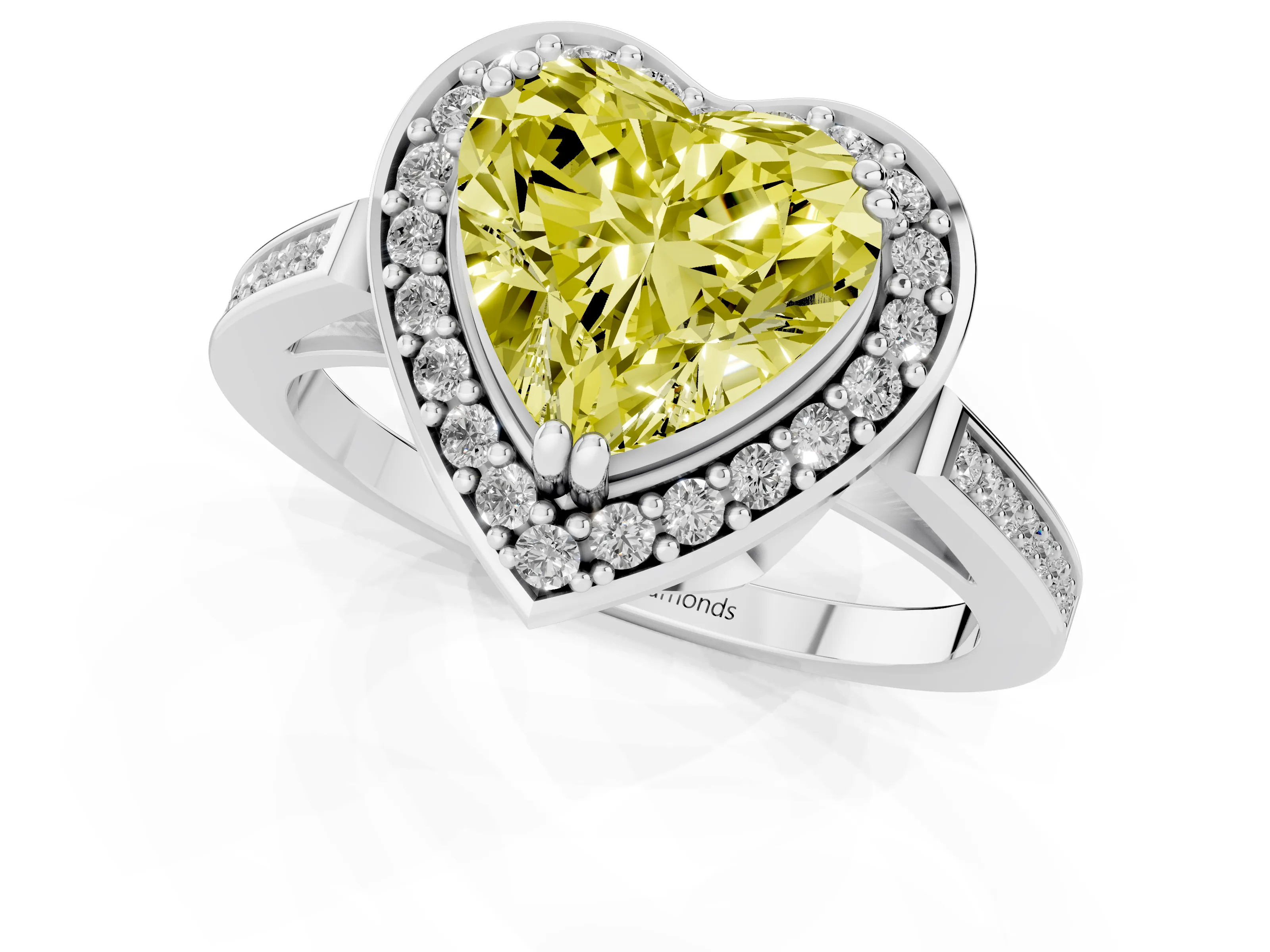 Fancy Yellow Heart Cut Diamond Halo Ring Set in White gold with Accent-Lined Split Shank and Prong Setting