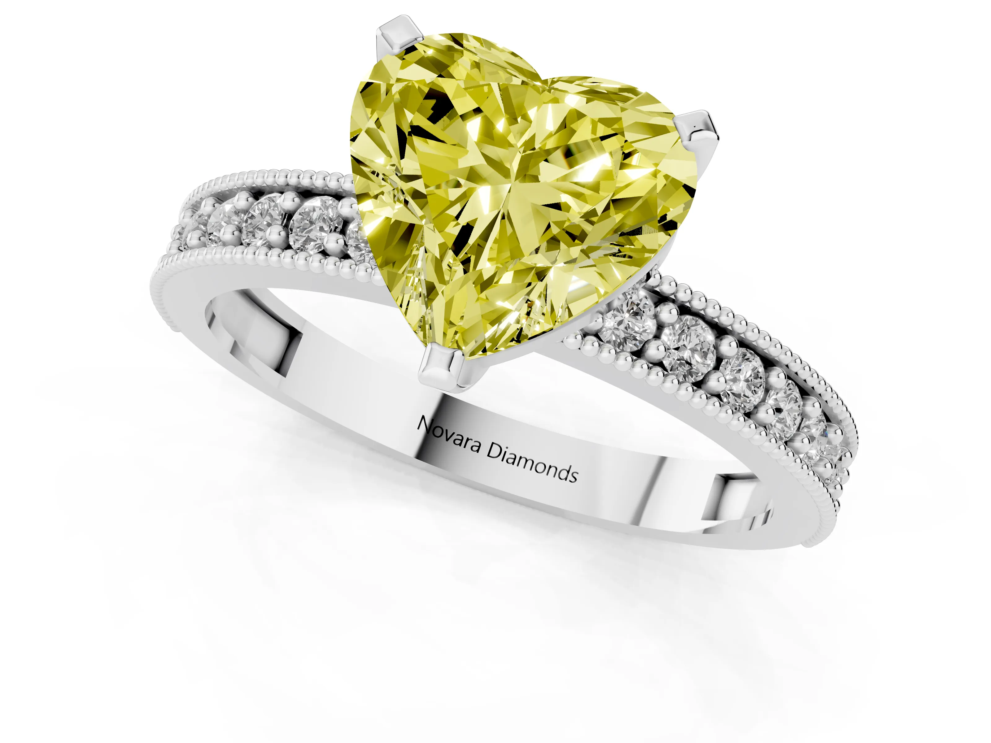 Fancy Yellow Heart Cut Diamond Milgrain Pavé Engagement Ring Set in Silver with Prong Setting