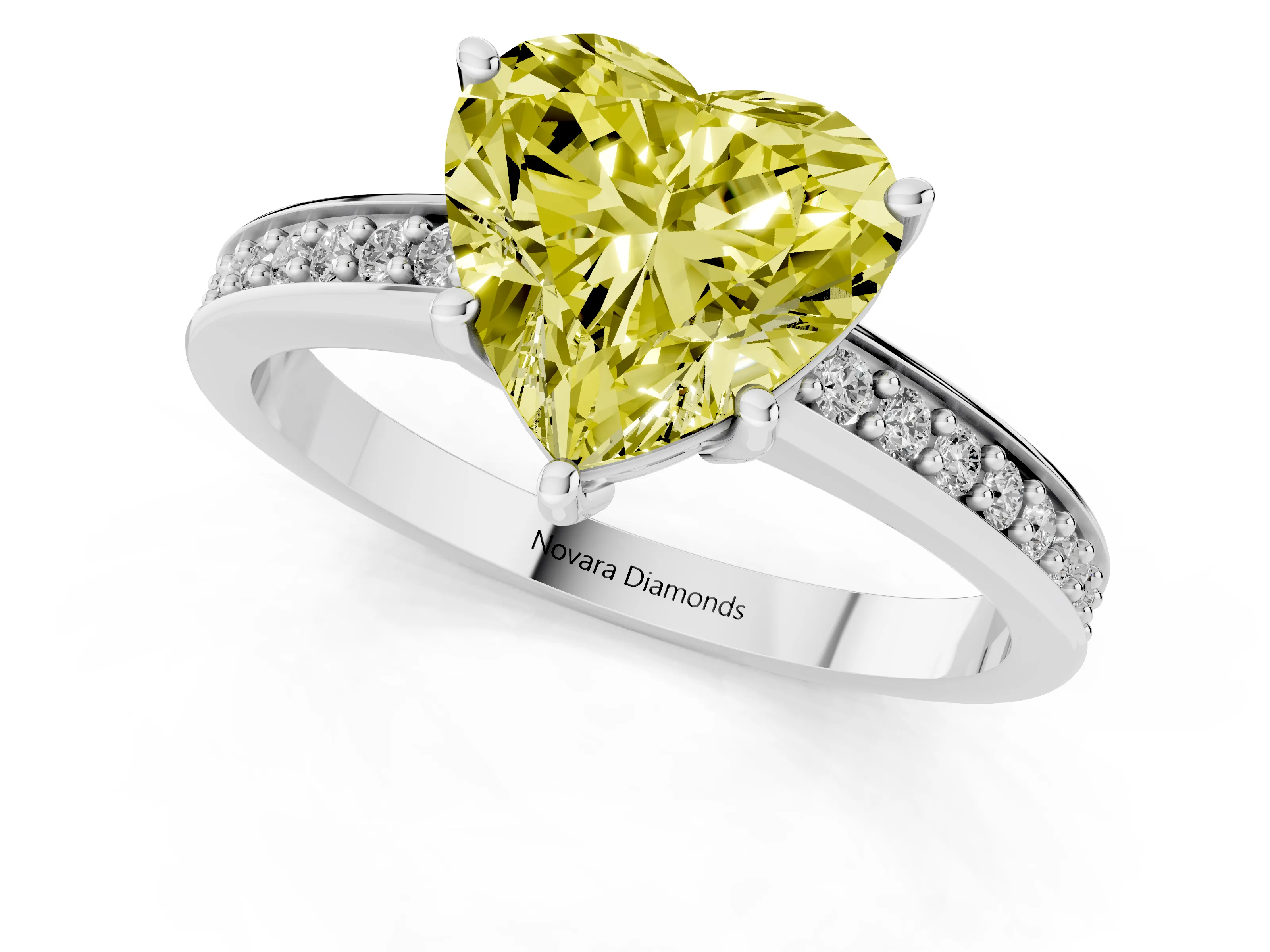 Fancy Yellow Heart Cut Diamond Pavé Band Prong Set Solitaire Ring Set in Platinum