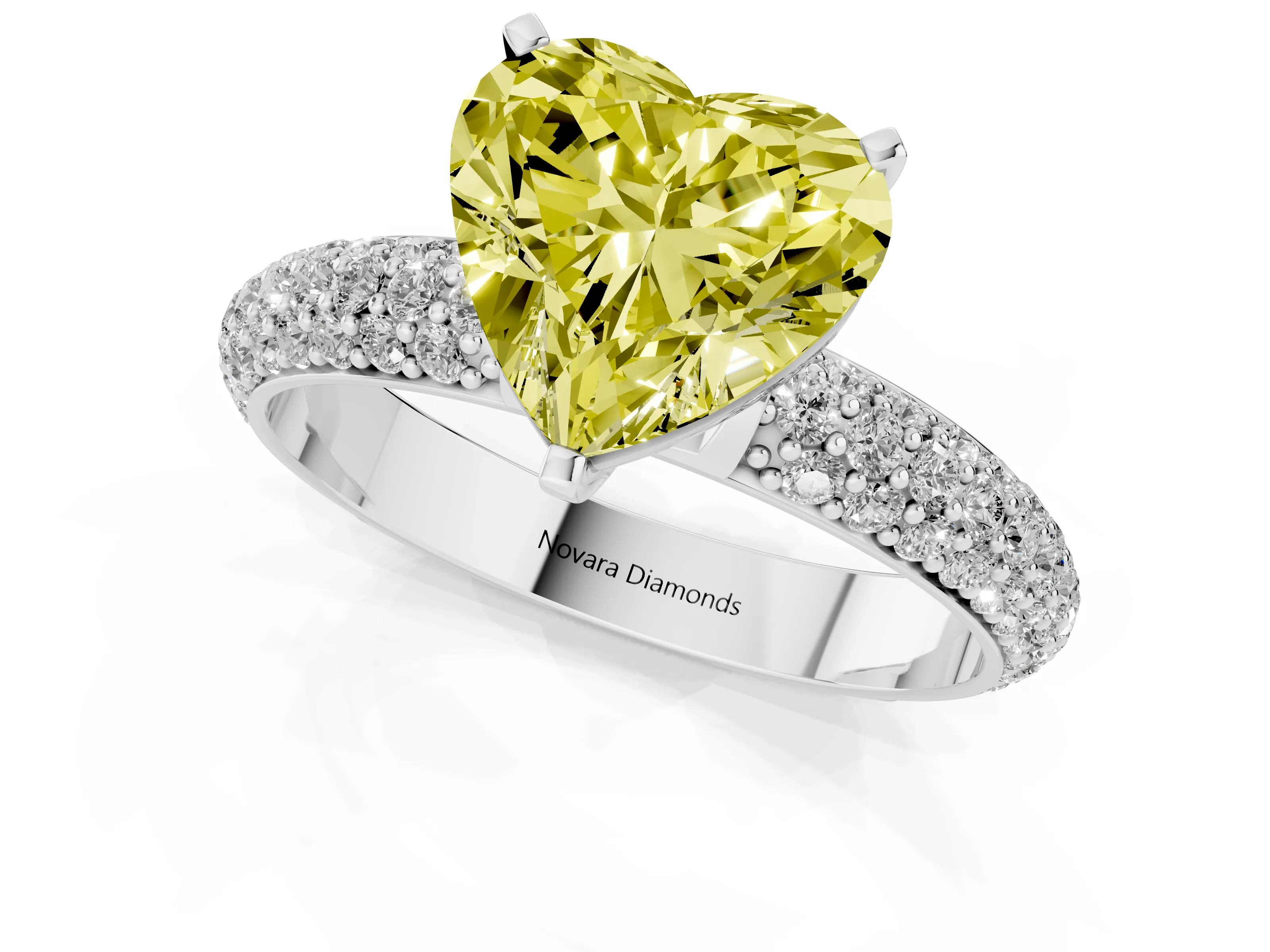 Fancy Yellow Heart Cut Diamond Solitaire Ring Set in White gold with Prong Setting and Pavé-Set Band