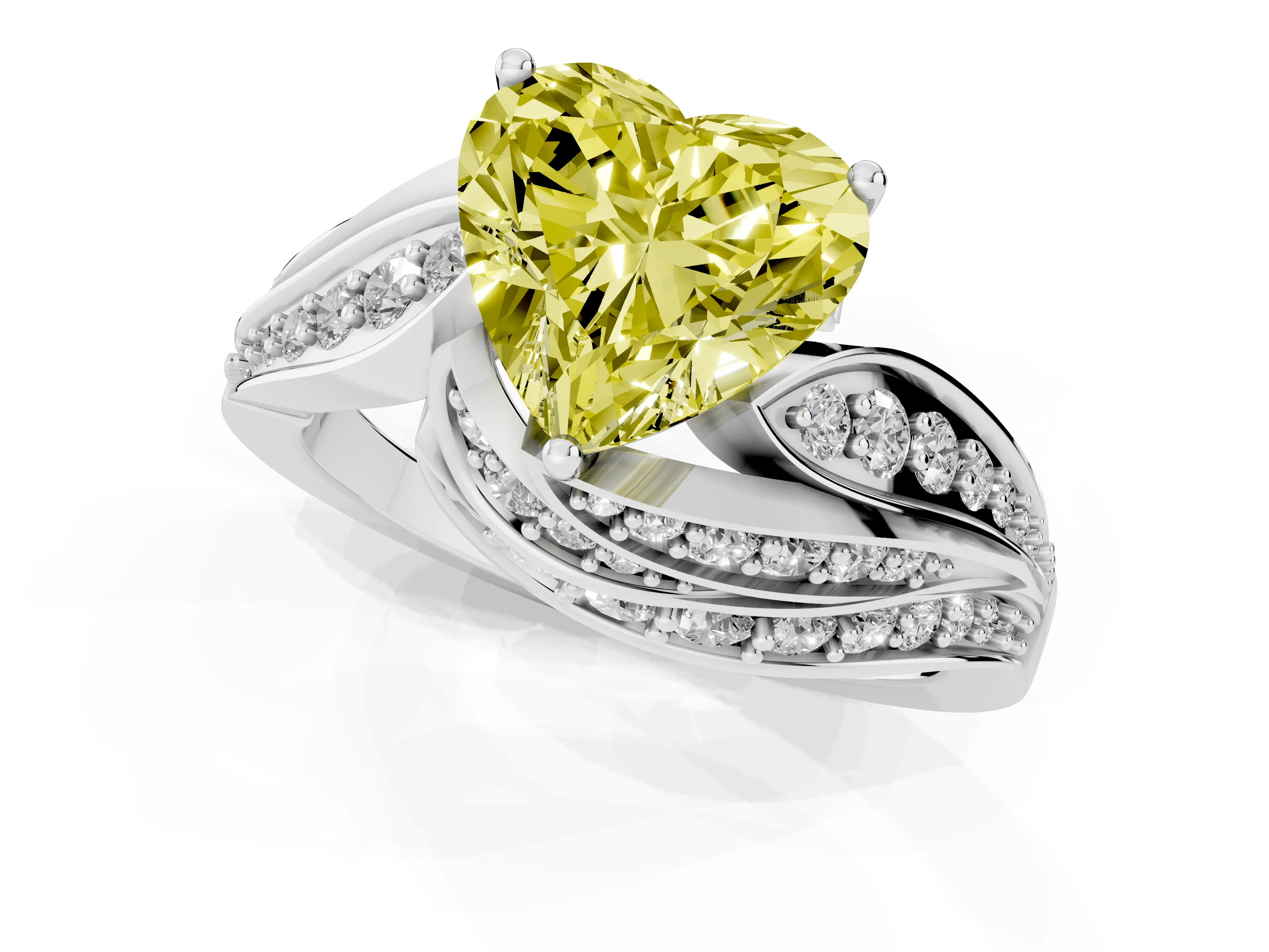 Fancy Yellow Heart Cut Diamond Solitaire Ring Set in Platinum with Layered Twist Pavé Band