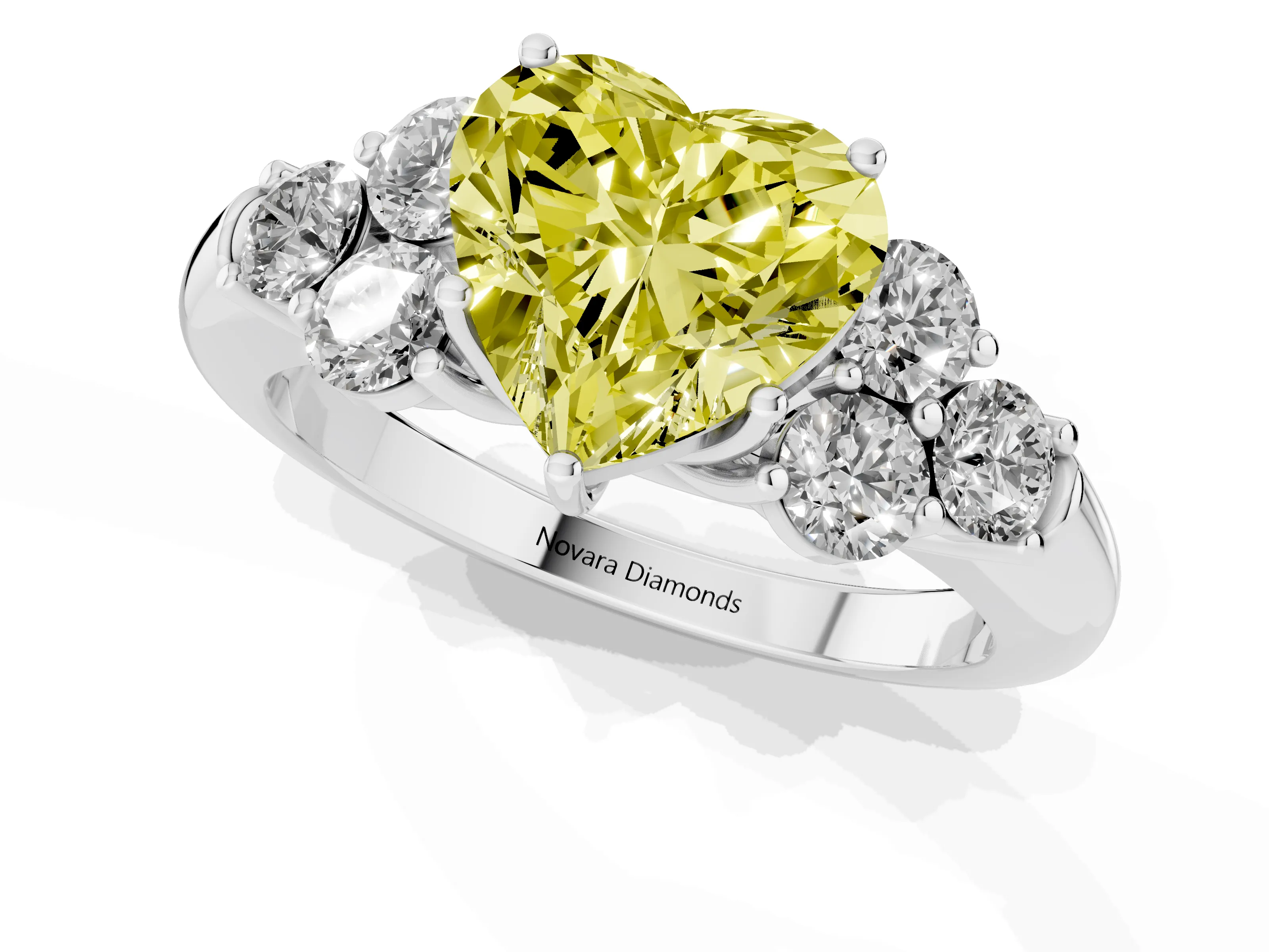 Fancy Yellow Heart Cut Diamond Cluster Ring Set in Silver with Round Accent Stones and Prong Setting on a Plain Band