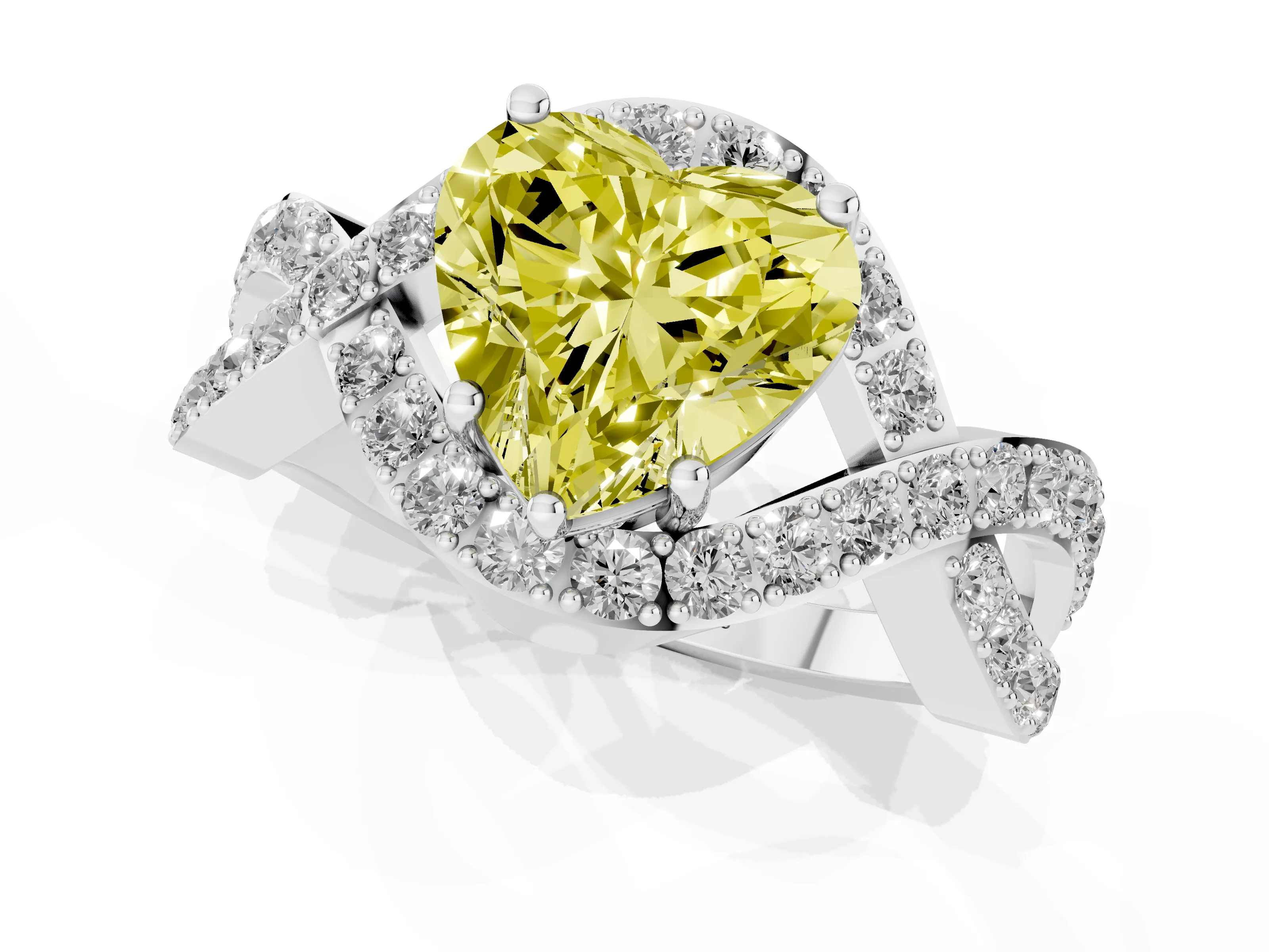 Fancy Yellow Heart Cut Diamond Solitaire Twist Band Pavé Engagement Ring Set in Silver