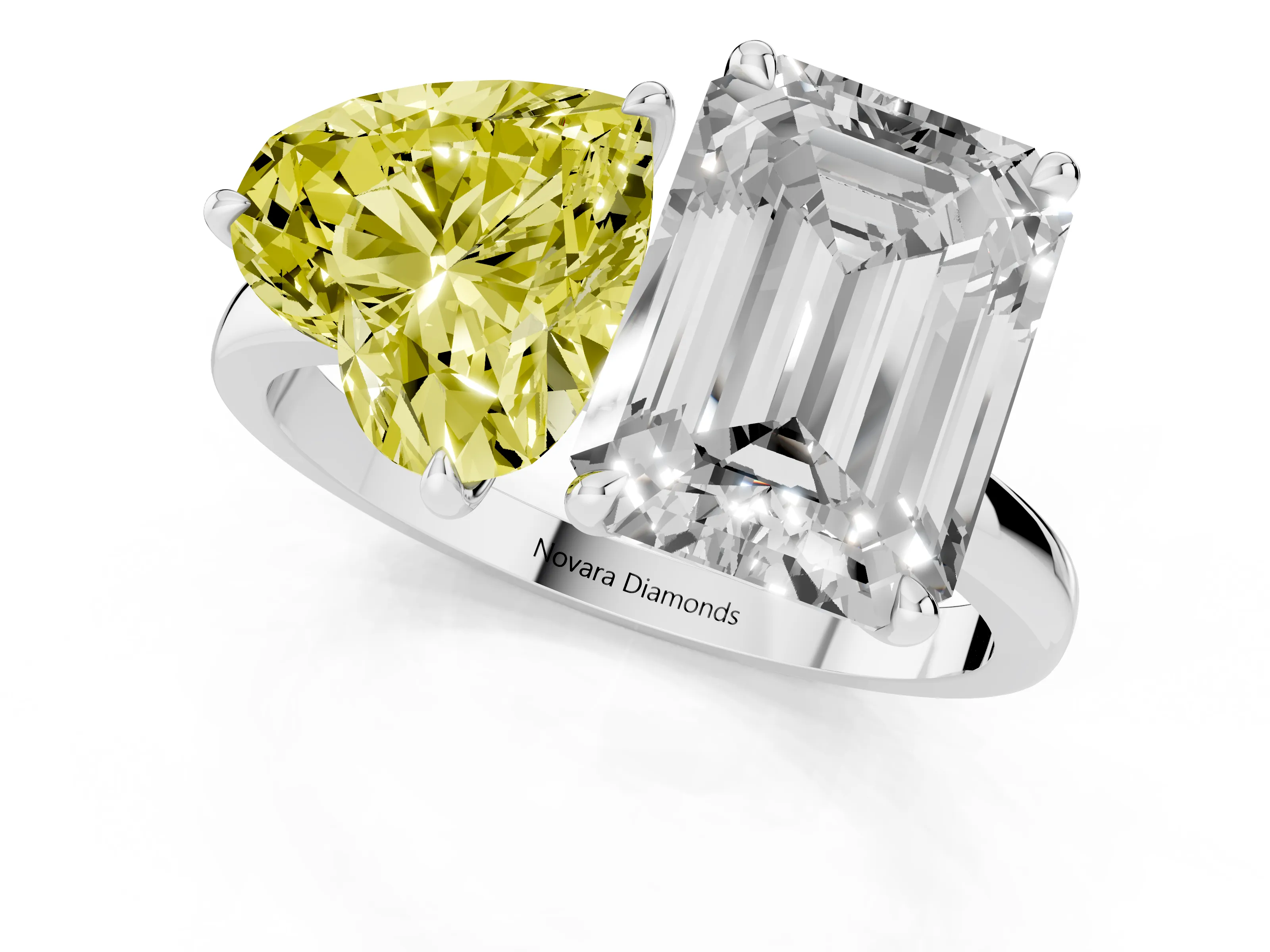Fancy Yellow Heart Cut and Emerald Cut Toi Moi Ring Set in Silver with Prong Setting