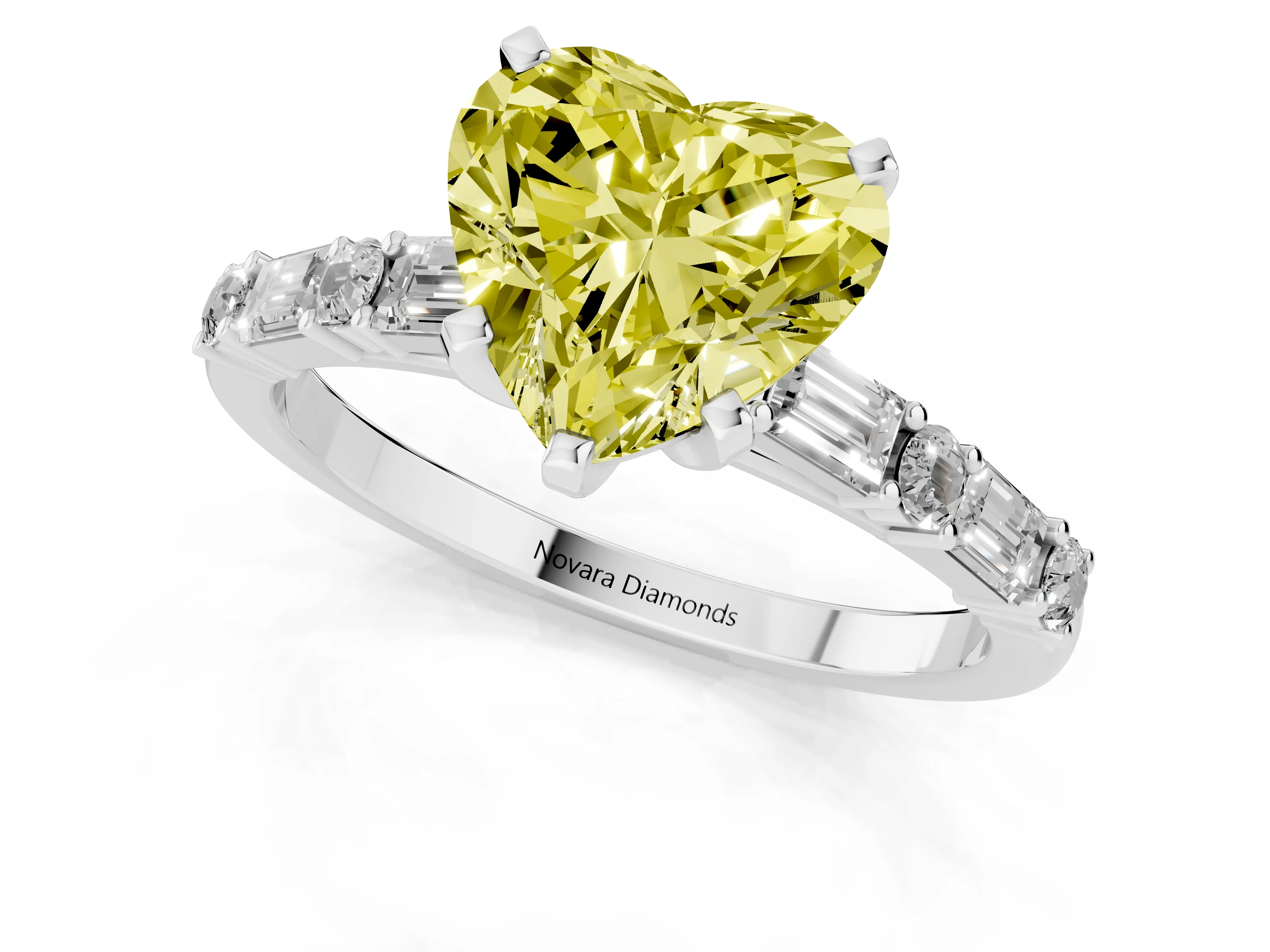 Fancy Yellow Heart Cut Diamond Solitaire Set in Silver with Side Baguettes and Channel Set Band