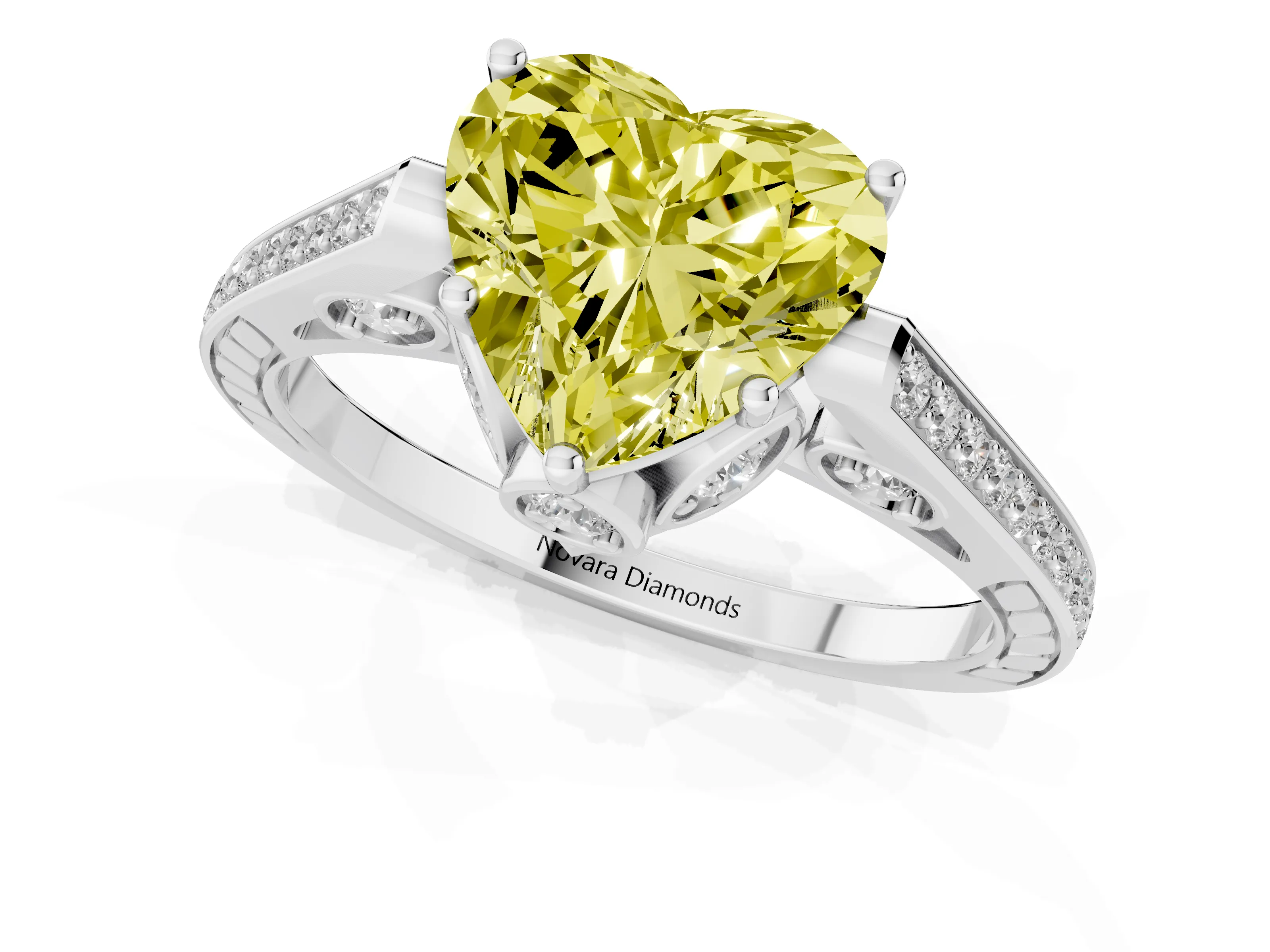 Fancy Yellow Heart Cut Diamond Cathedral Pavé Engagement Ring Set in Platinum with Prong Setting