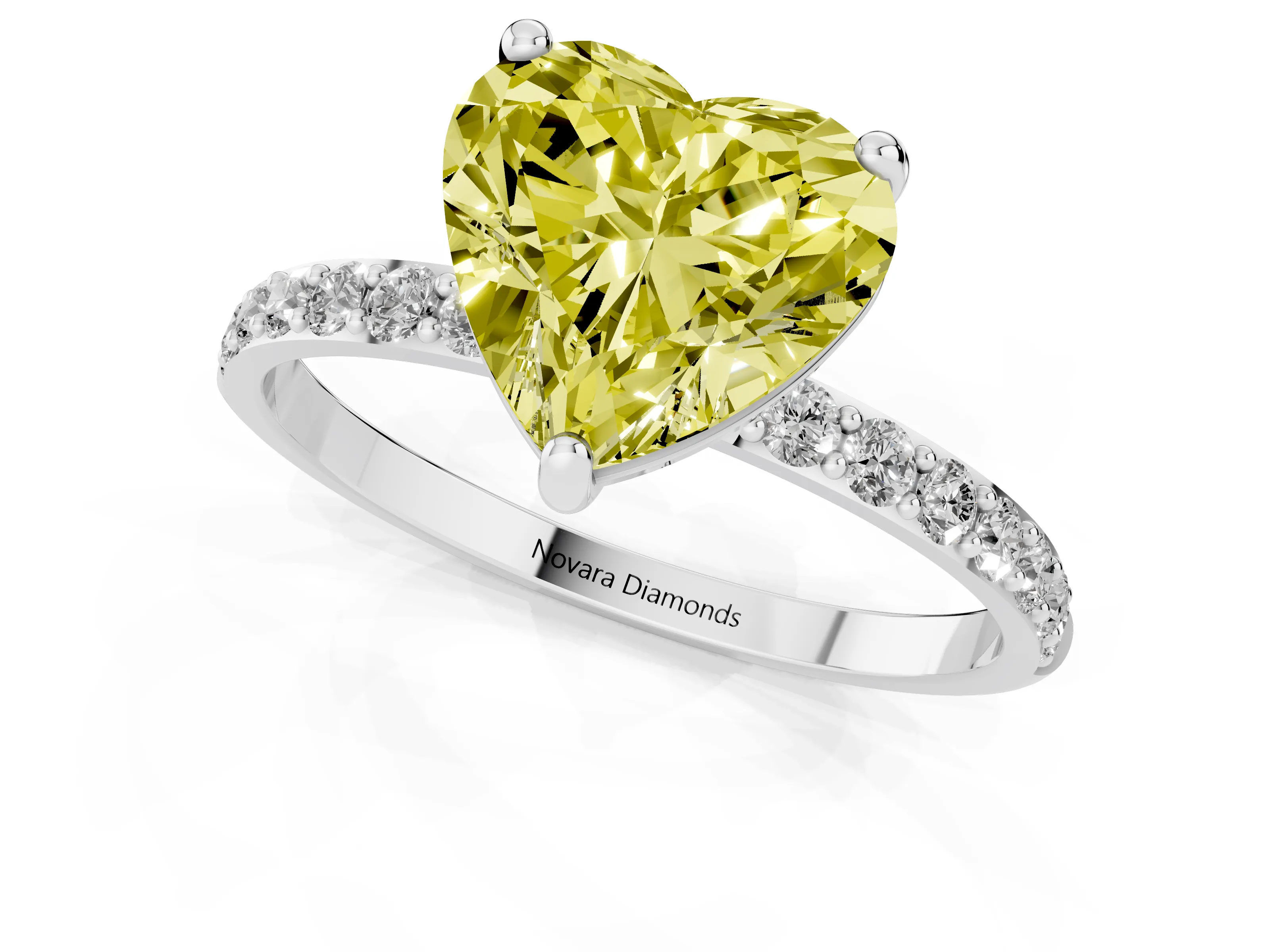 Fancy Yellow Heart Cut Diamond Solitaire Ring Set in Platinum with Round Pavé Band and Prong Setting