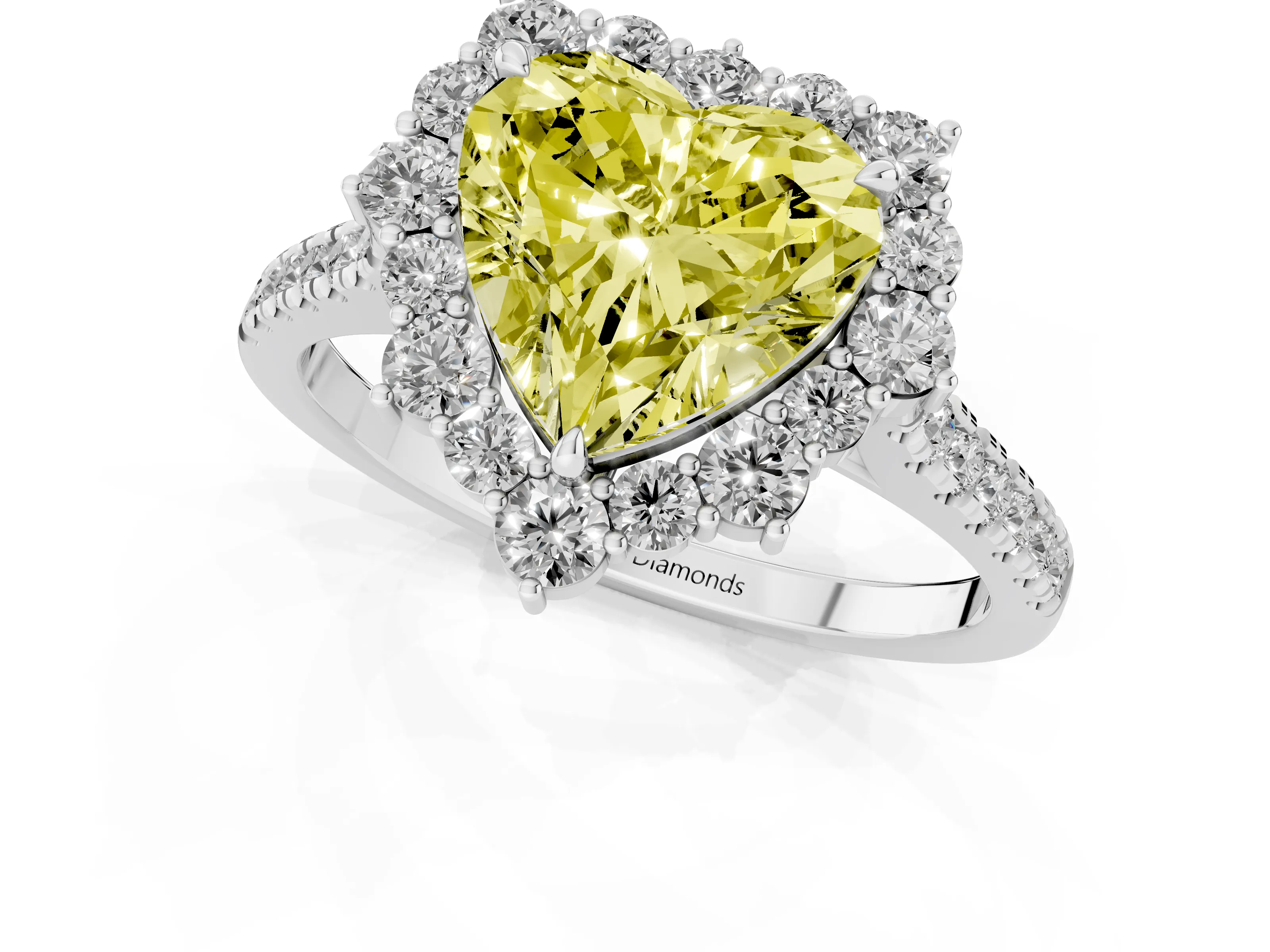 Fancy Yellow Heart Cut Diamond Halo Ring Set in Silver with Pavé Band and Prong Setting