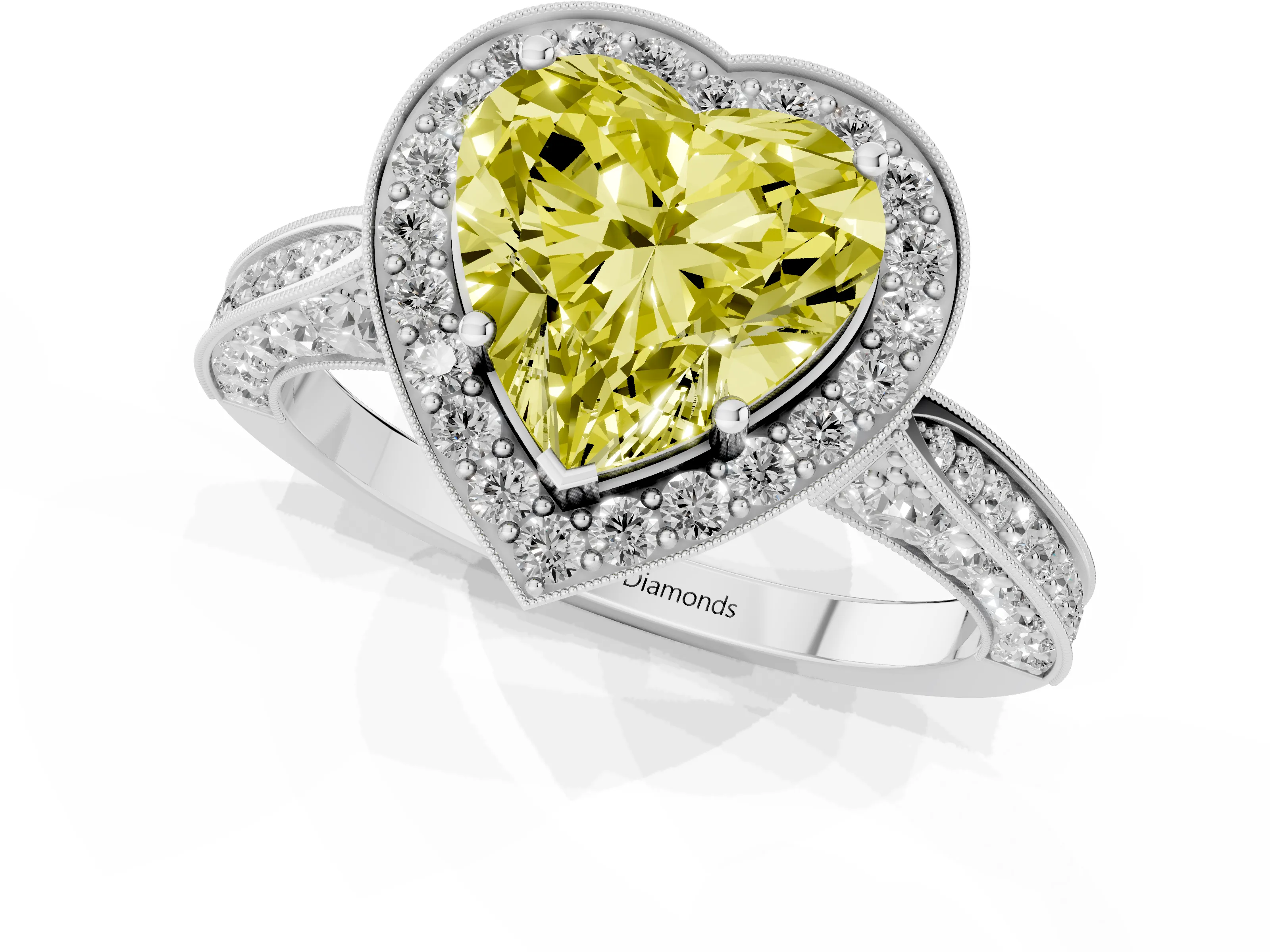 Fancy Yellow Heart Cut Diamond Halo Engagement Ring Set in White gold with Accent Split Shank Band