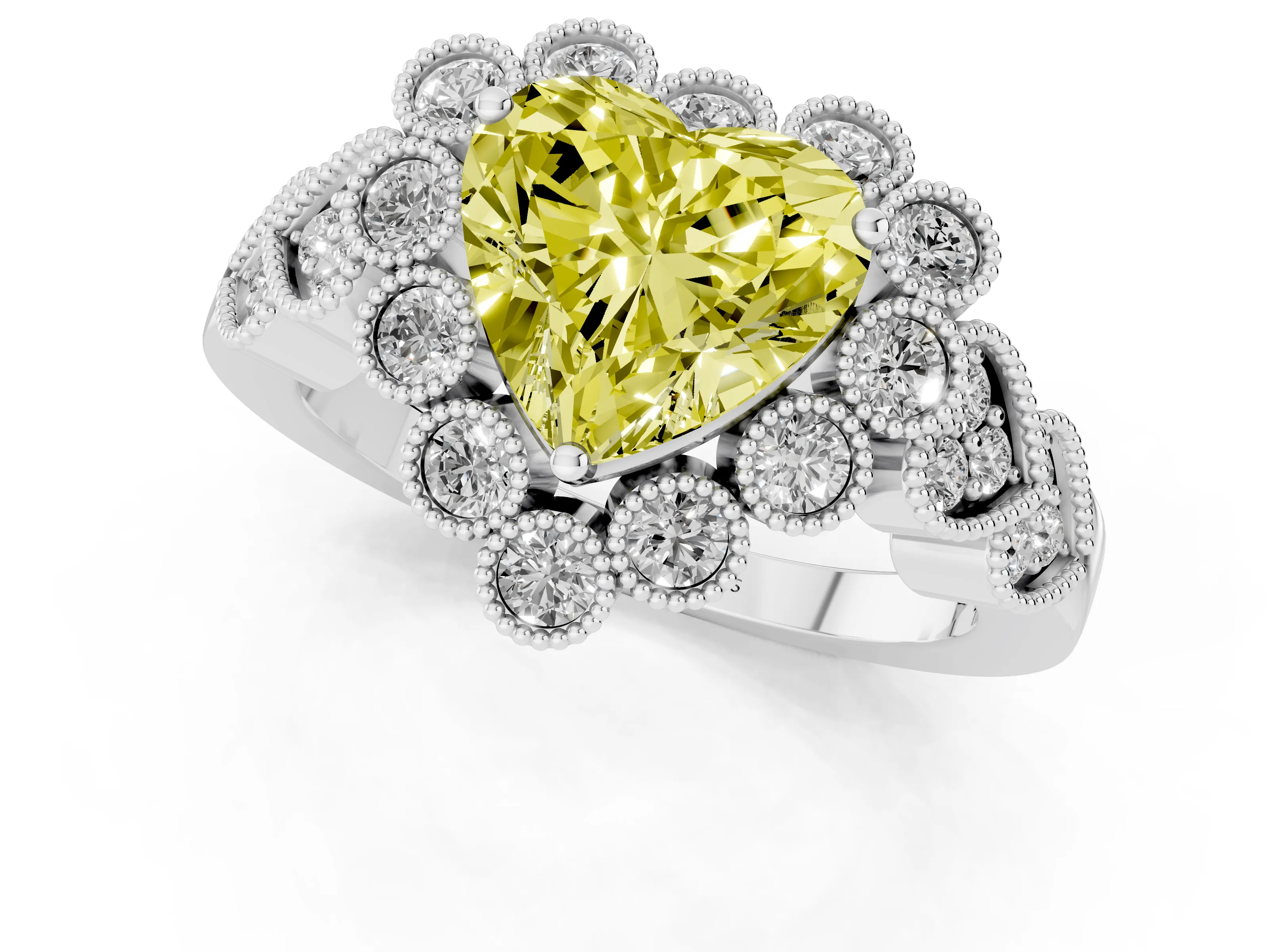 Fancy Yellow Heart Cut Diamond Solitaire Ring Set in White gold with Milgrain Pavé Heart Band