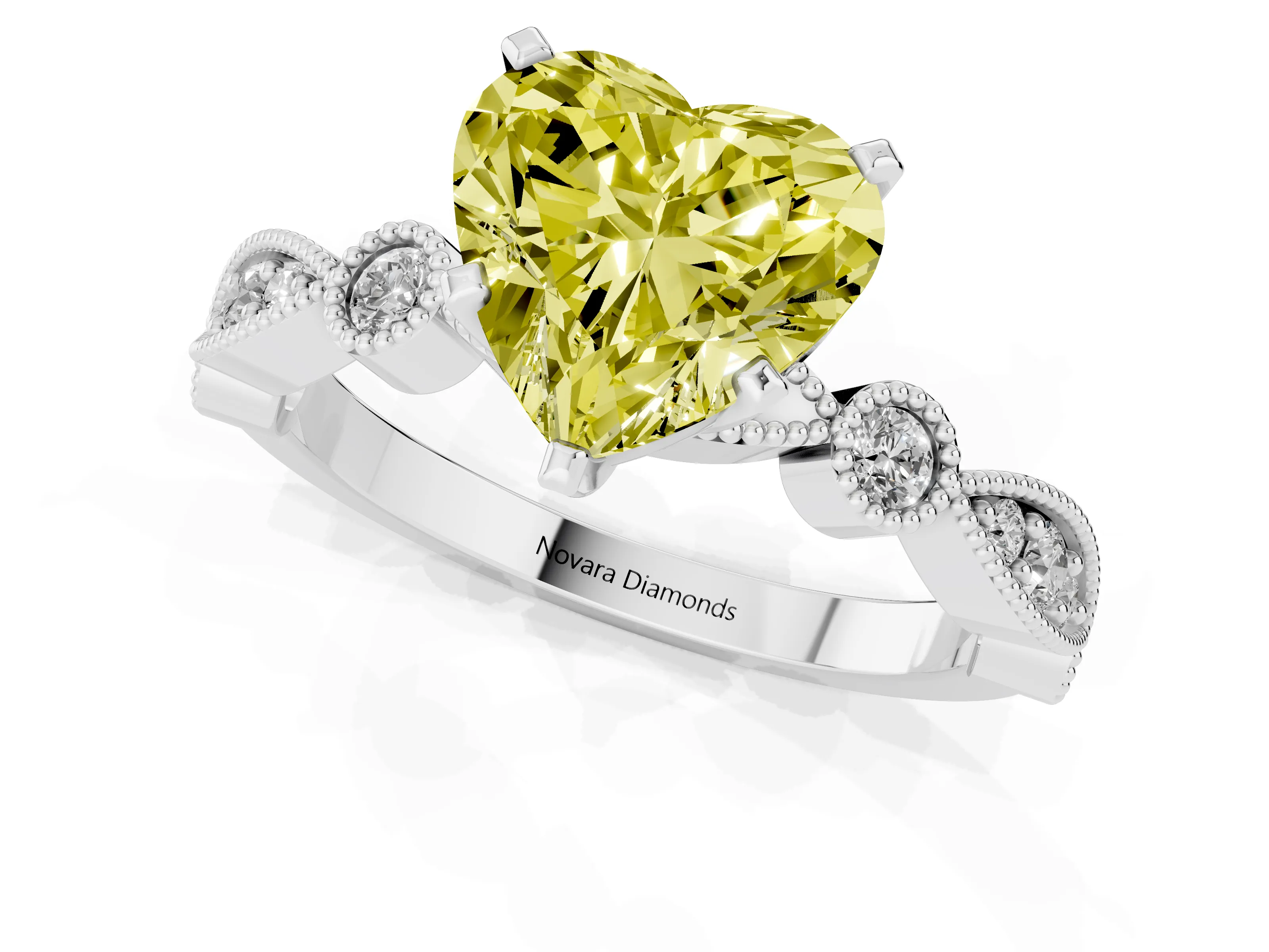 Fancy Yellow Heart Cut Diamond Solitaire Engagement Ring Set in Silver with Milgrain Bezel Accent Band