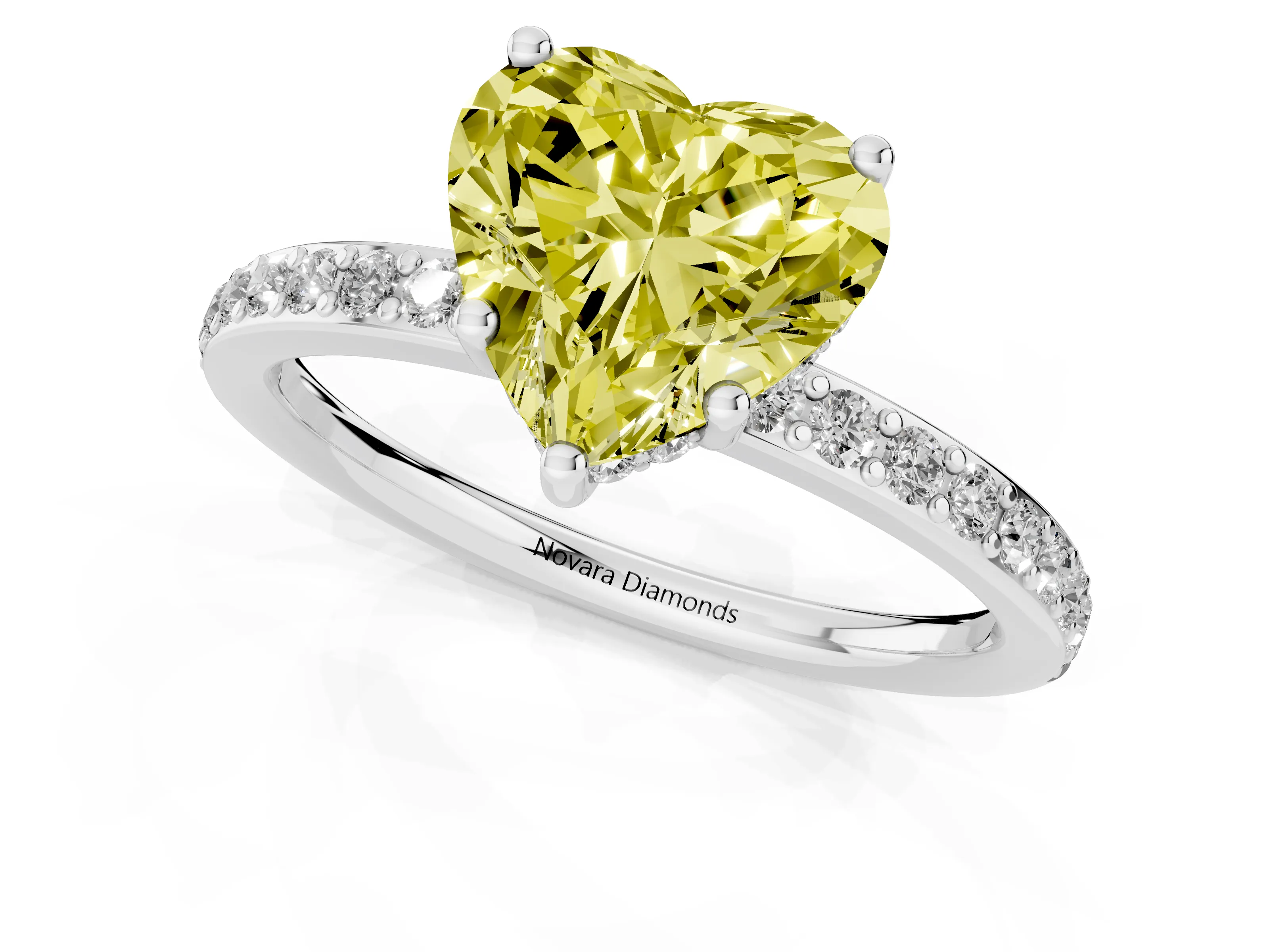 Fancy Yellow Heart Cut Diamond Pavé Band Ring Set in White gold with Prong-Set Center Stone