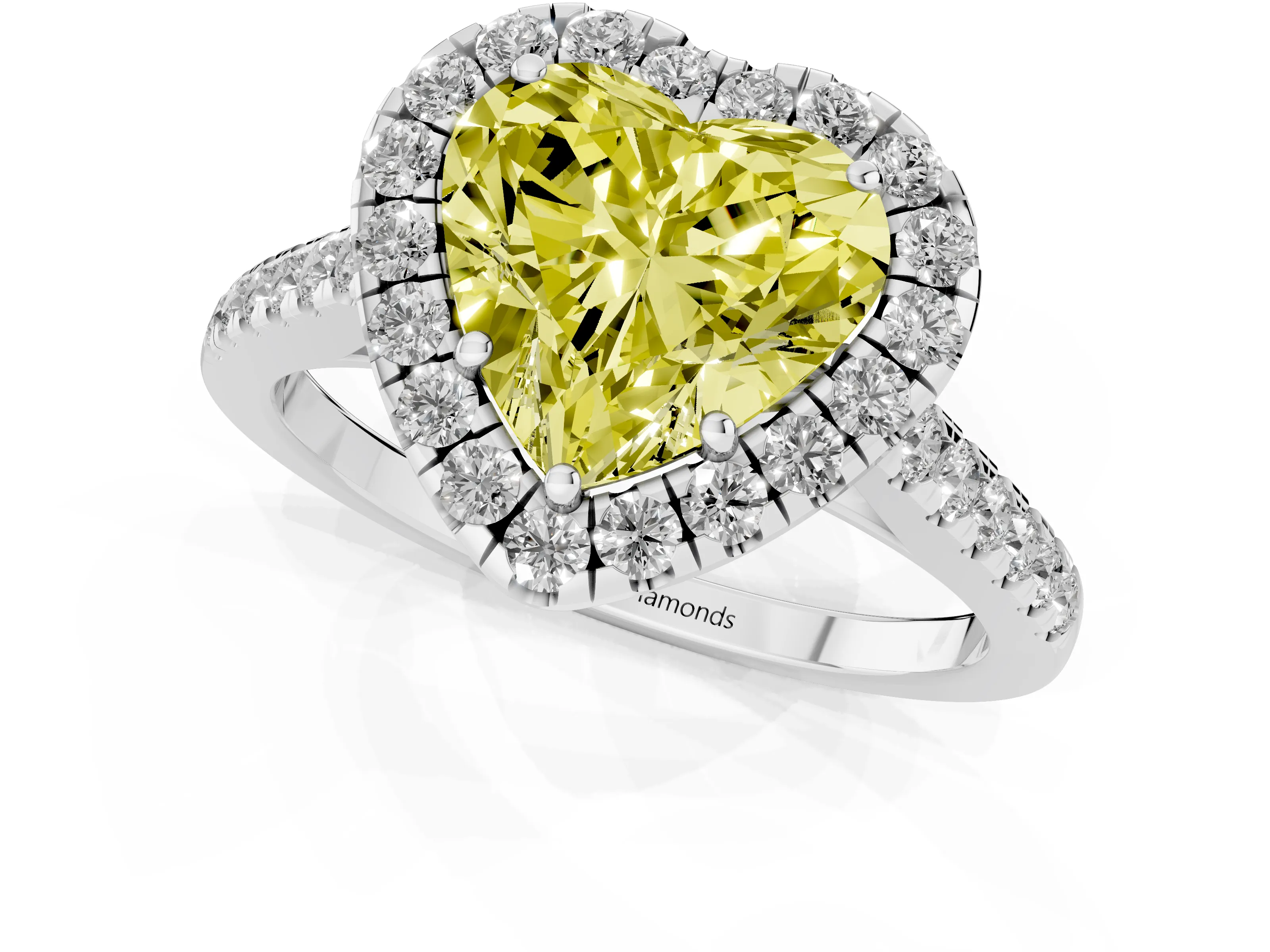 Fancy Yellow Heart Cut Diamond Halo Pavé Engagement Ring Set in Silver with Prong Setting