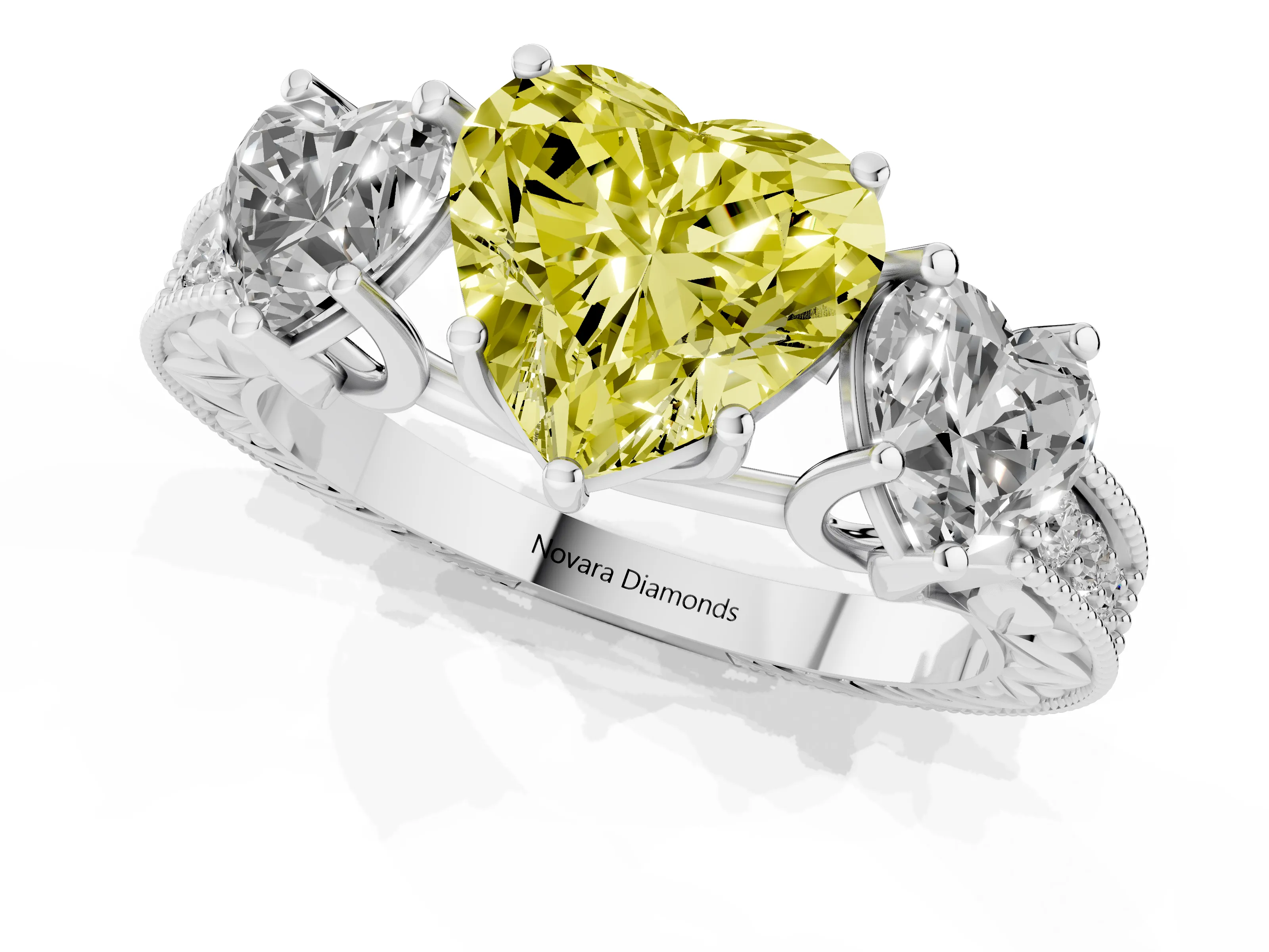 Fancy Yellow Heart Cut Diamond Three-Stone Engagement Ring Set in Silver with Milgrain Pavé Band