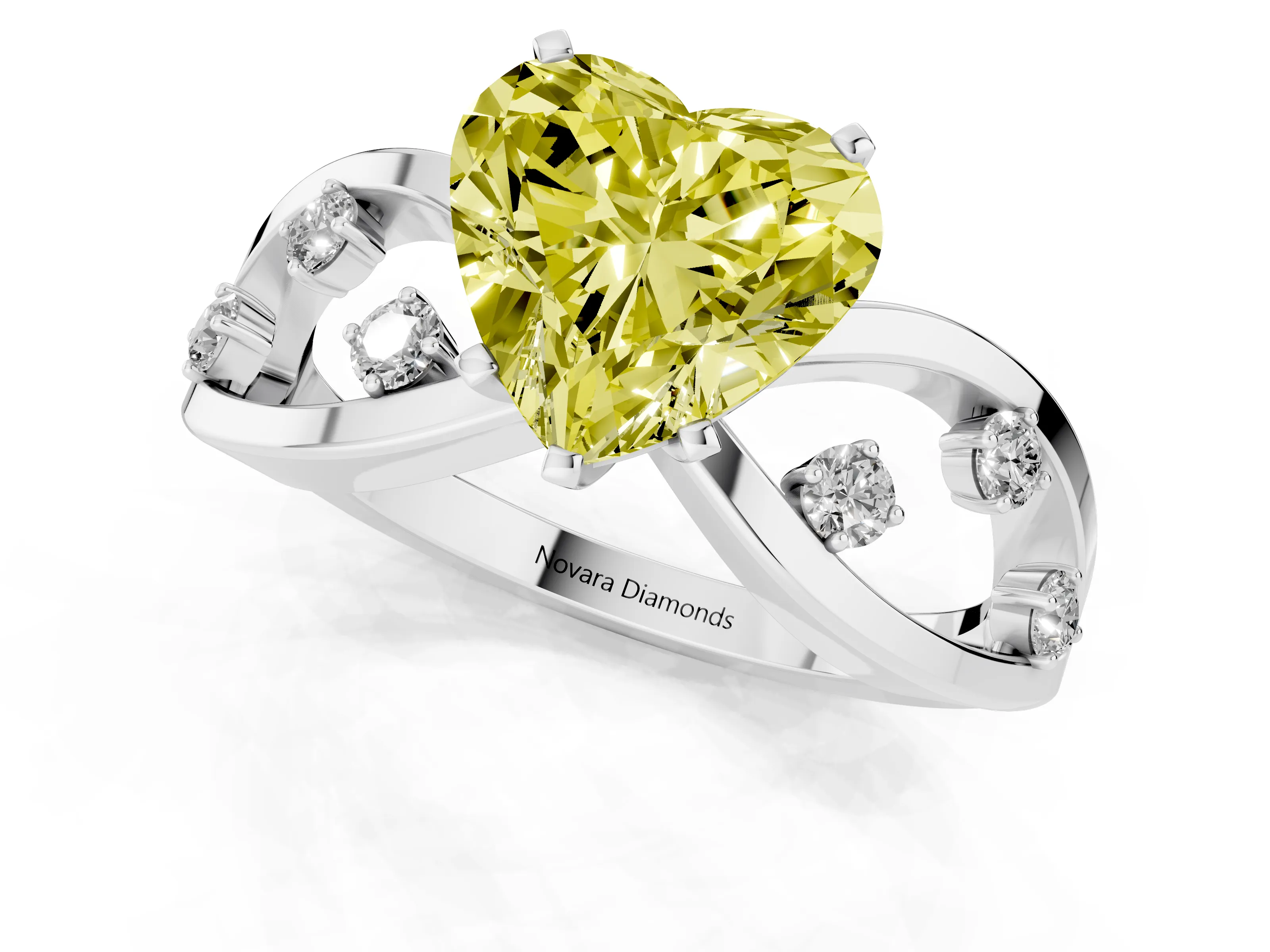 Fancy Yellow Heart Cut Diamond Solitaire Ring Set in Silver with Side Stones on Criss-Cross Band and Prong Setting
