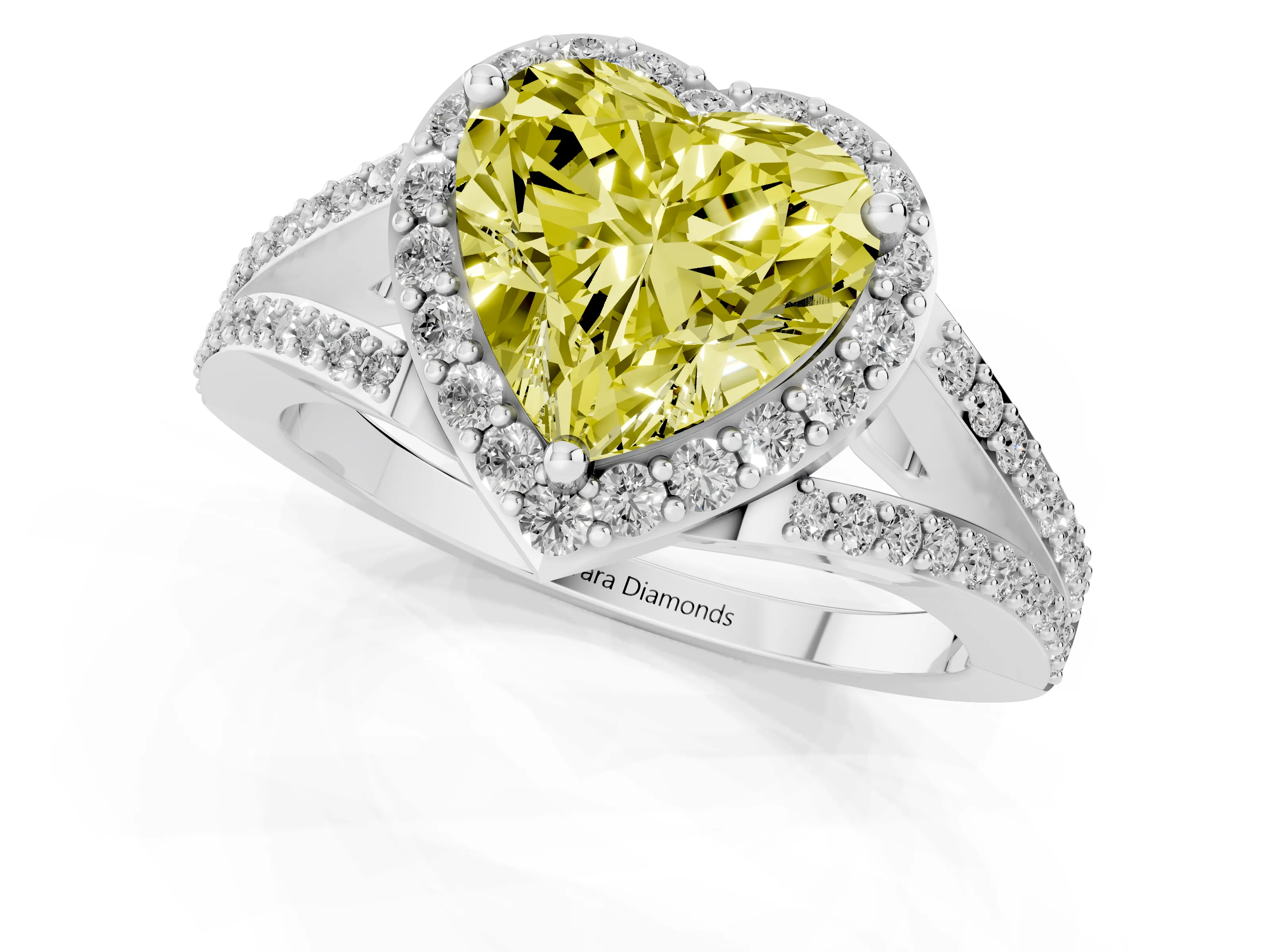 Fancy Yellow Heart Cut Diamond Halo Split Shank Pavé Ring Set in Silver with Prong Setting