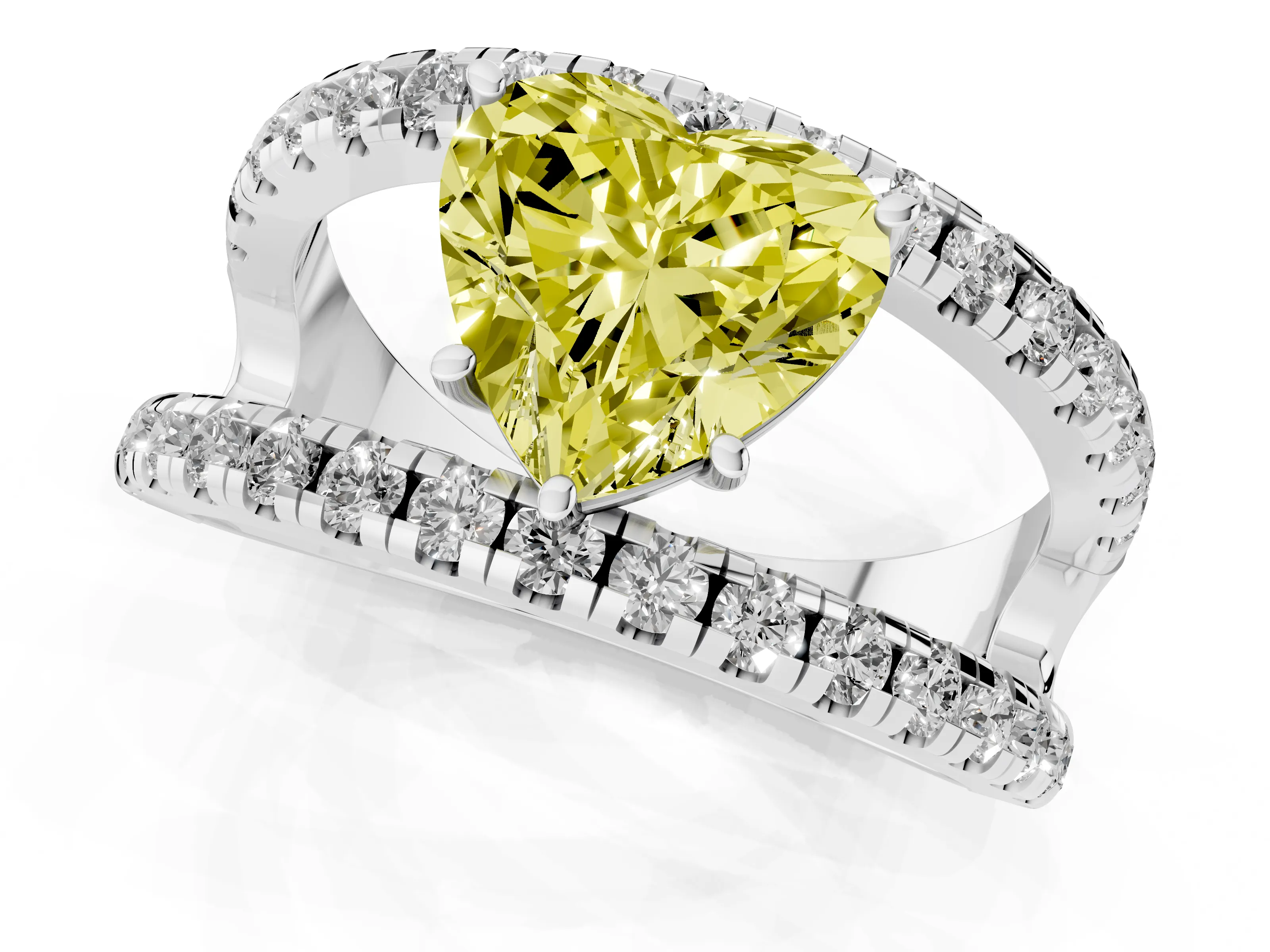 Fancy Yellow Heart Cut Diamond Split Shank Pavé Solitaire Ring Set in Platinum with Open Shank Design