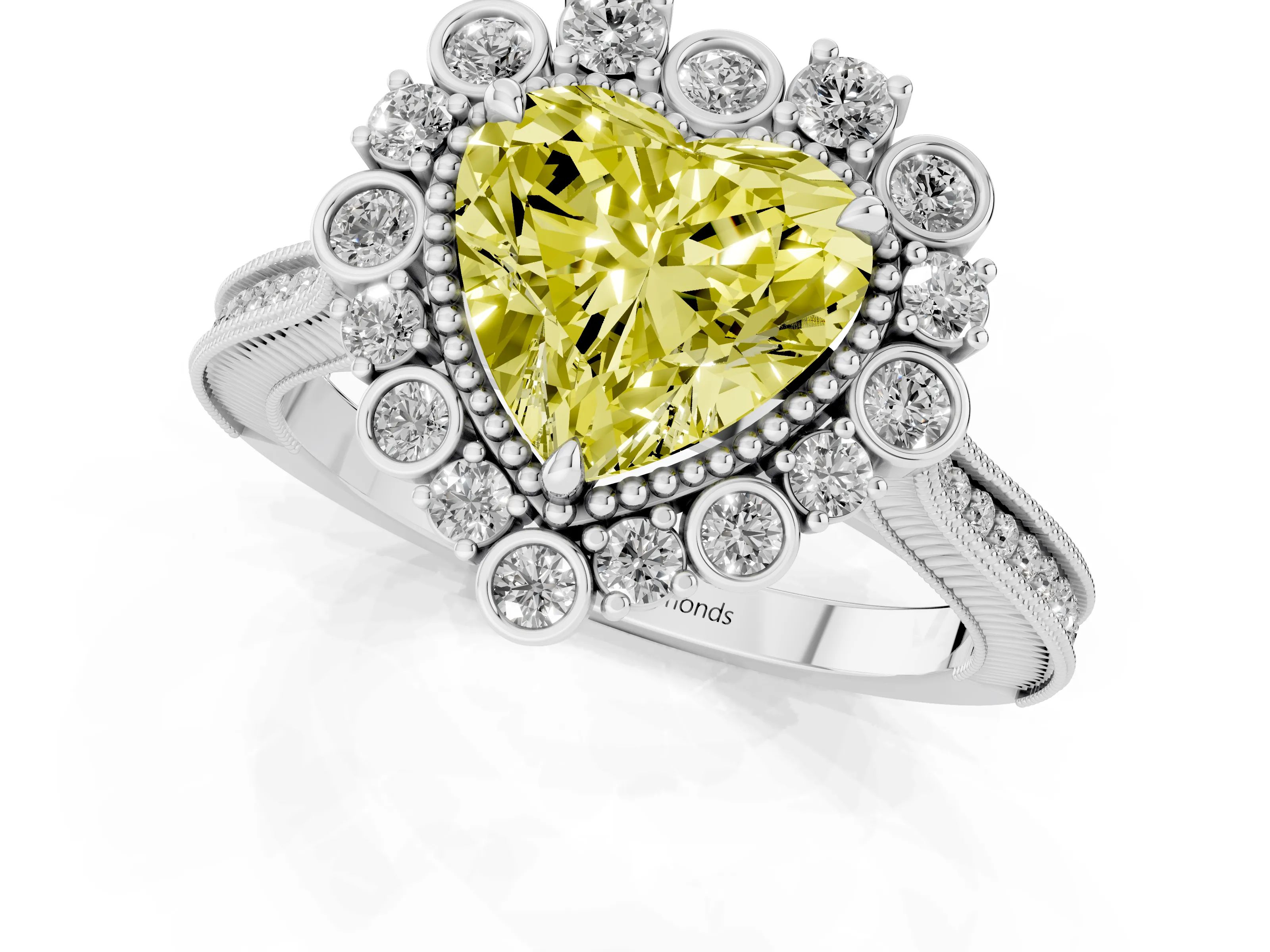 Fancy Yellow Heart Cut Diamond Halo Milgrain Pavé Ring Set in White gold with Prong Setting