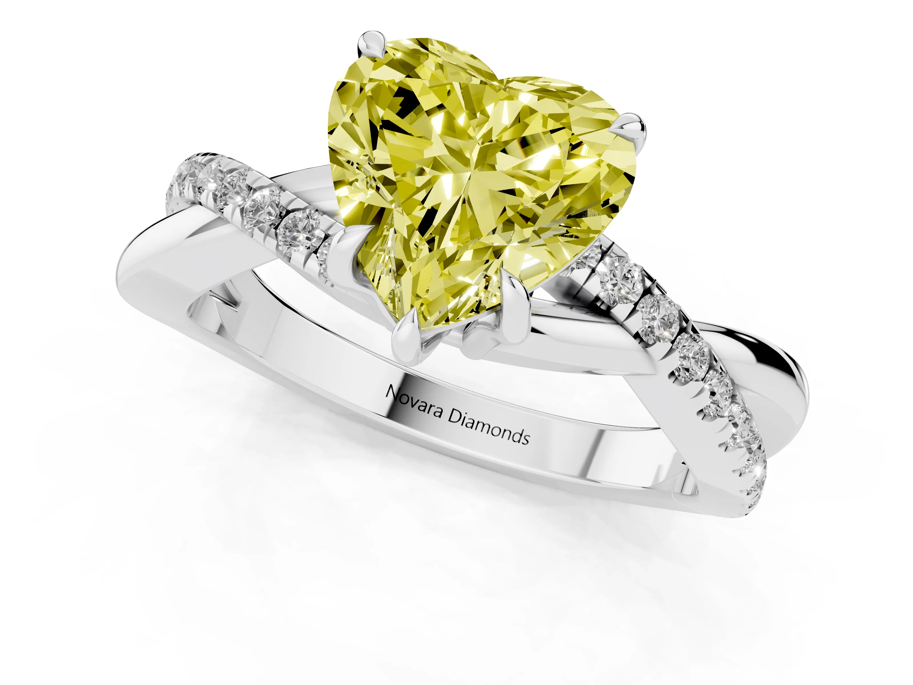 Fancy Yellow Heart Cut Diamond Twisted Pavé Band Ring Set in Platinum with Prong Setting