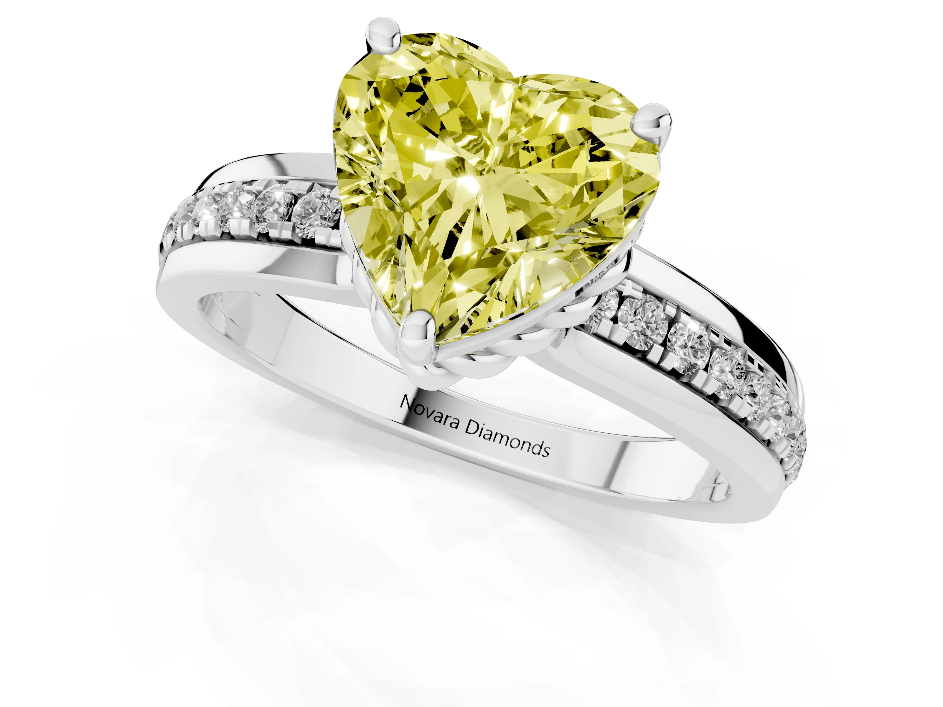 Fancy Yellow Heart Cut Diamond Solitaire Ring Set in White gold with Channel Set Band and Prong Setting