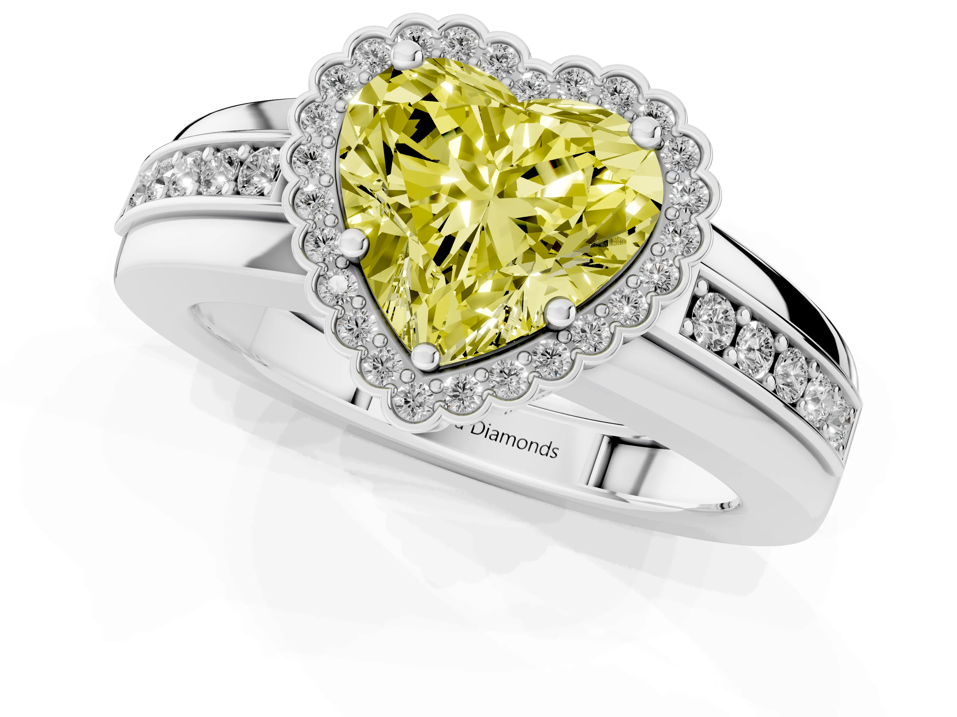 Fancy Yellow Heart Cut Diamond Halo Prong Ring Set in Platinum with Pavé Band