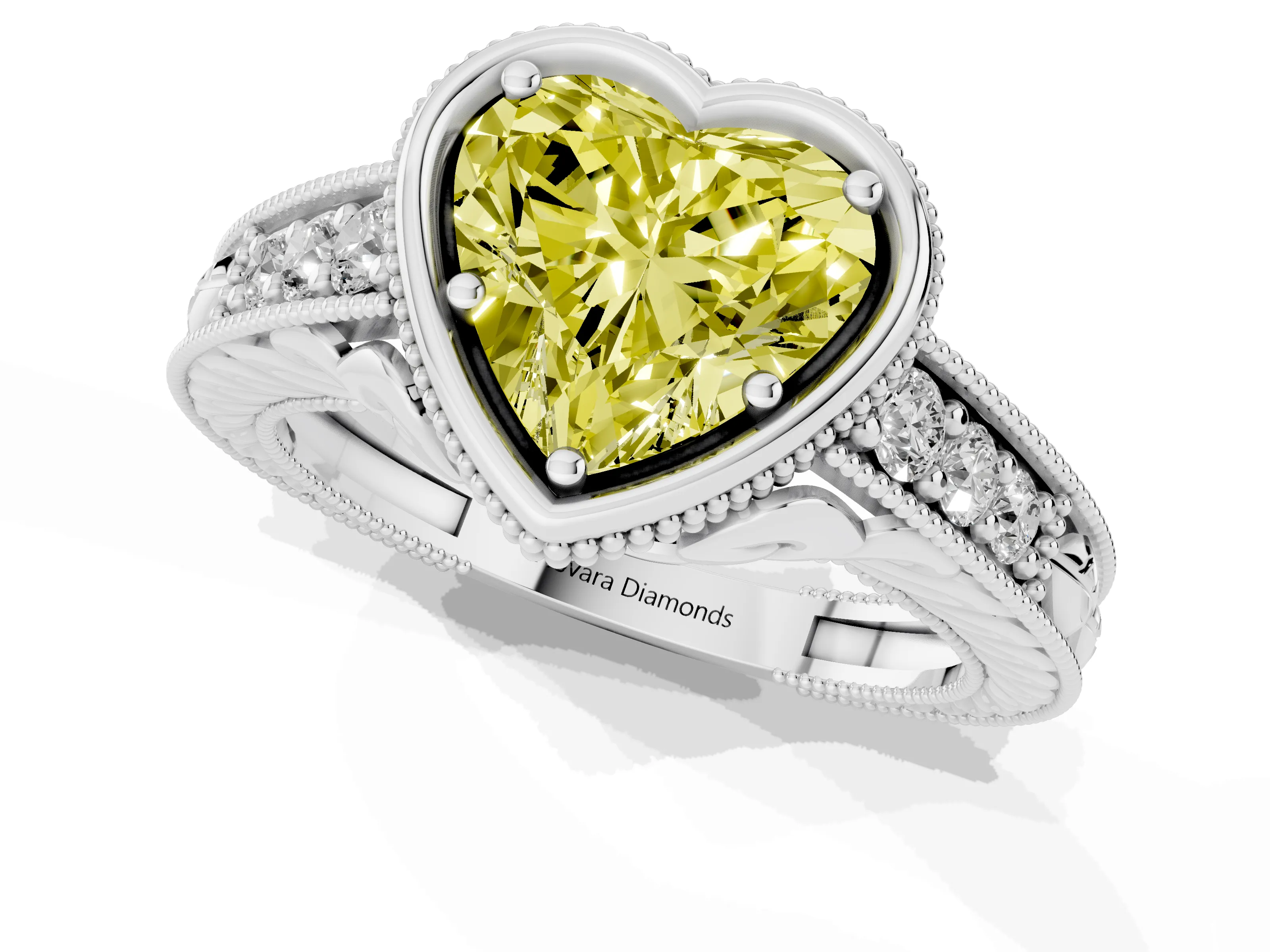 Fancy Yellow Bezel Set Heart Cut Diamond Milgrain Pavé Engagement Ring Set in Silver