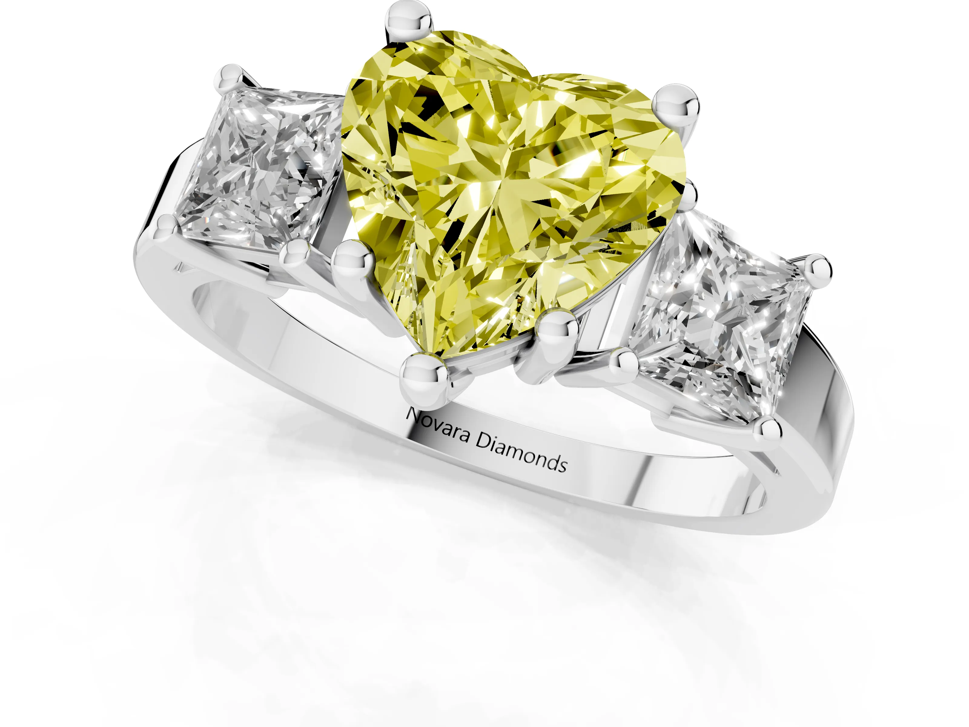 Fancy Yellow Three-Stone Heart Cut Diamond Solitaire Ring Set in Silver with Prong Setting