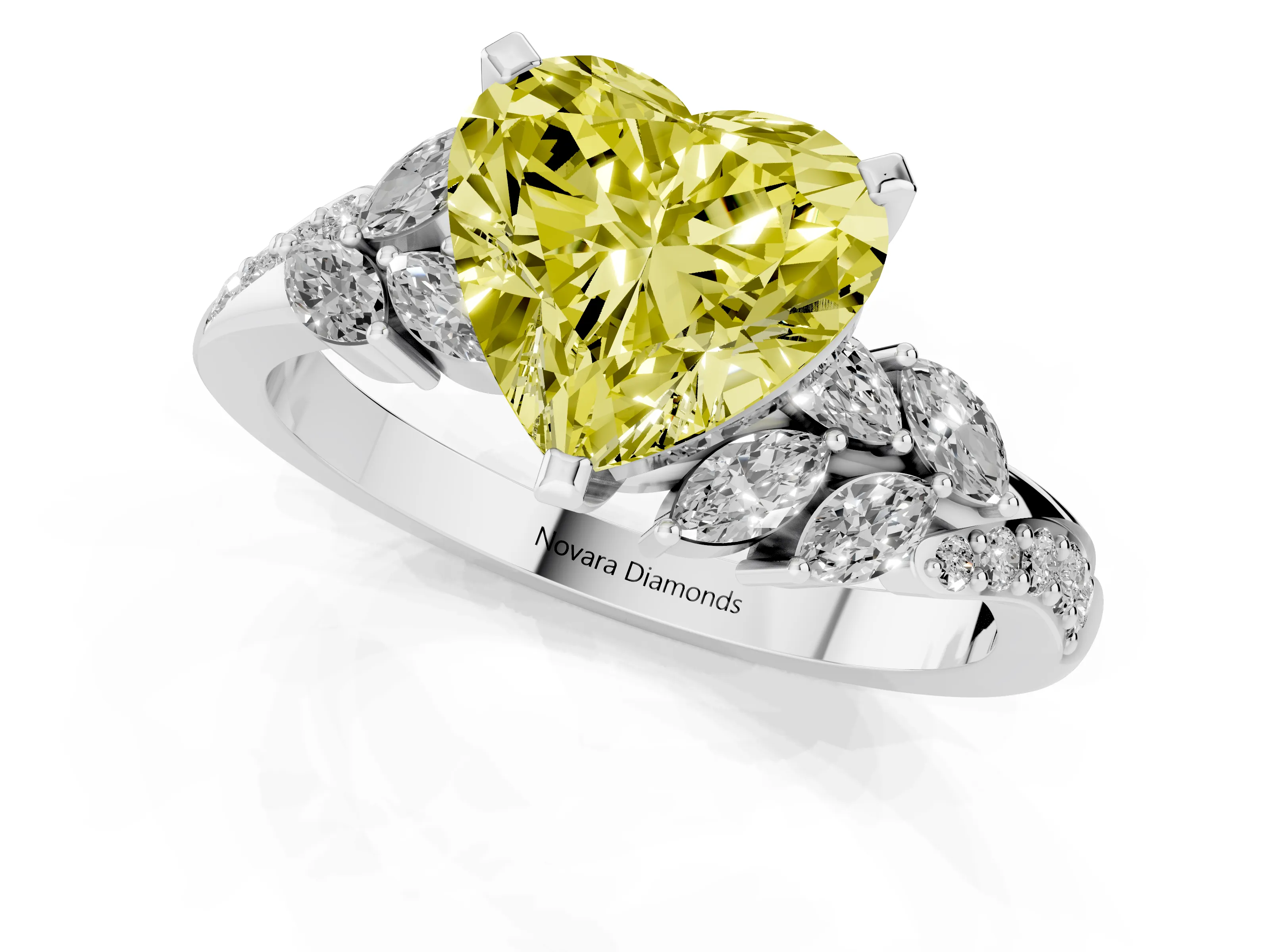 Fancy Yellow Heart Cut Diamond Solitaire Ring Set in Silver with Marquise Twist Band and Prong Setting