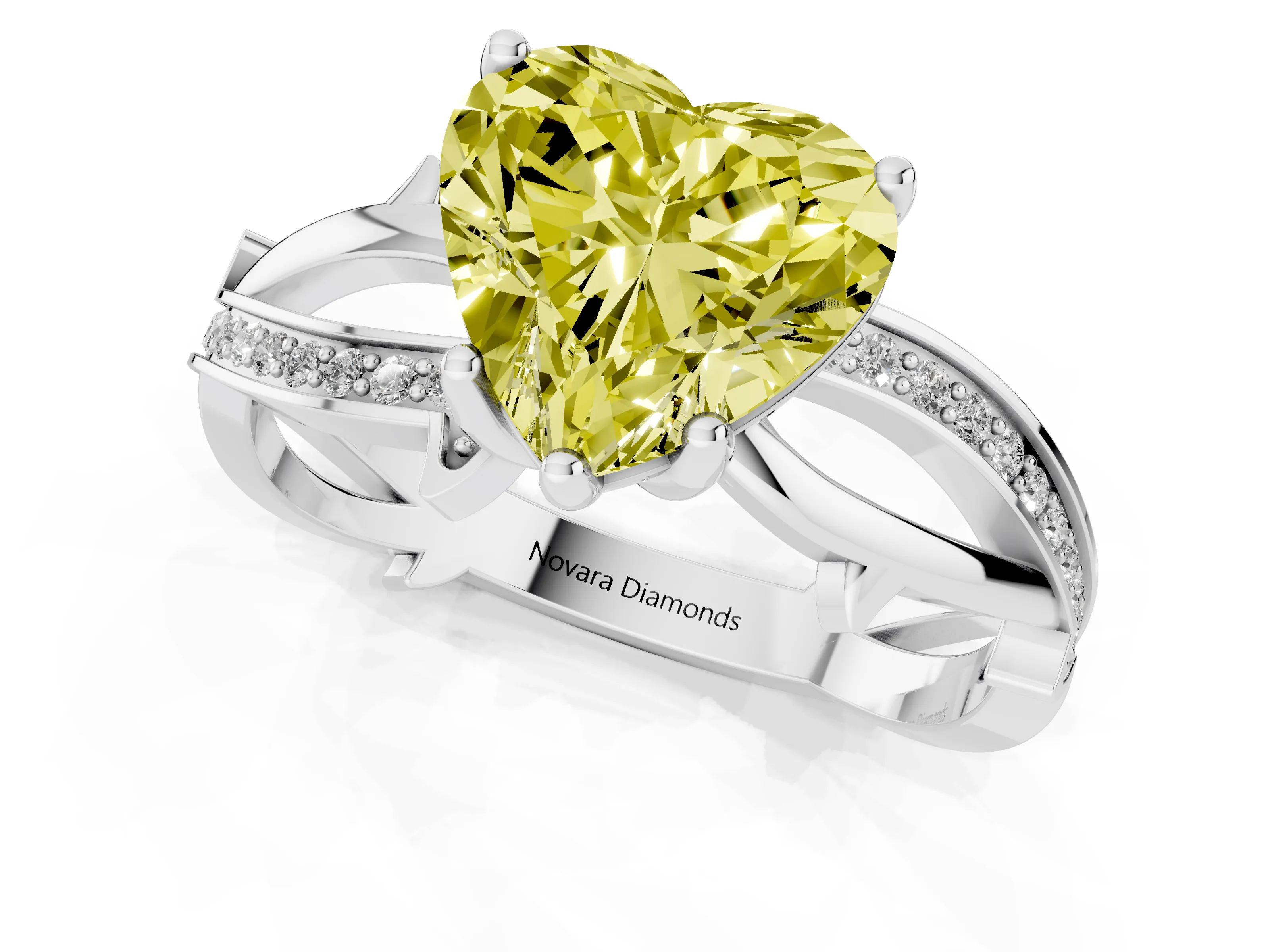 Fancy Yellow Heart Cut Diamond Pavé Twist Band Solitaire Ring Set in White gold with Prong Setting