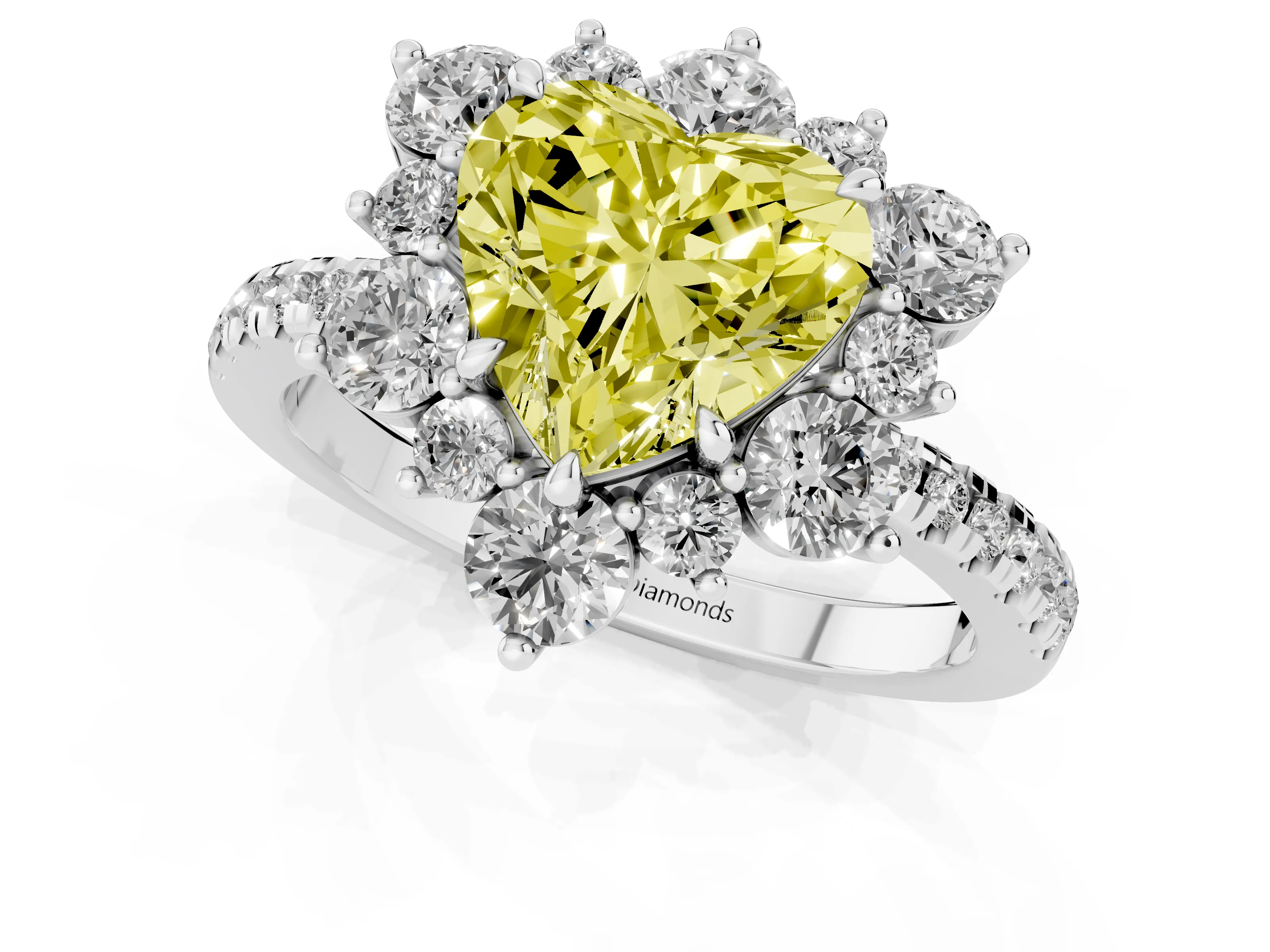 Fancy Yellow Heart Cut Diamond Floral Halo Ring Set in White gold with Round Pavé Band and Prong Setting