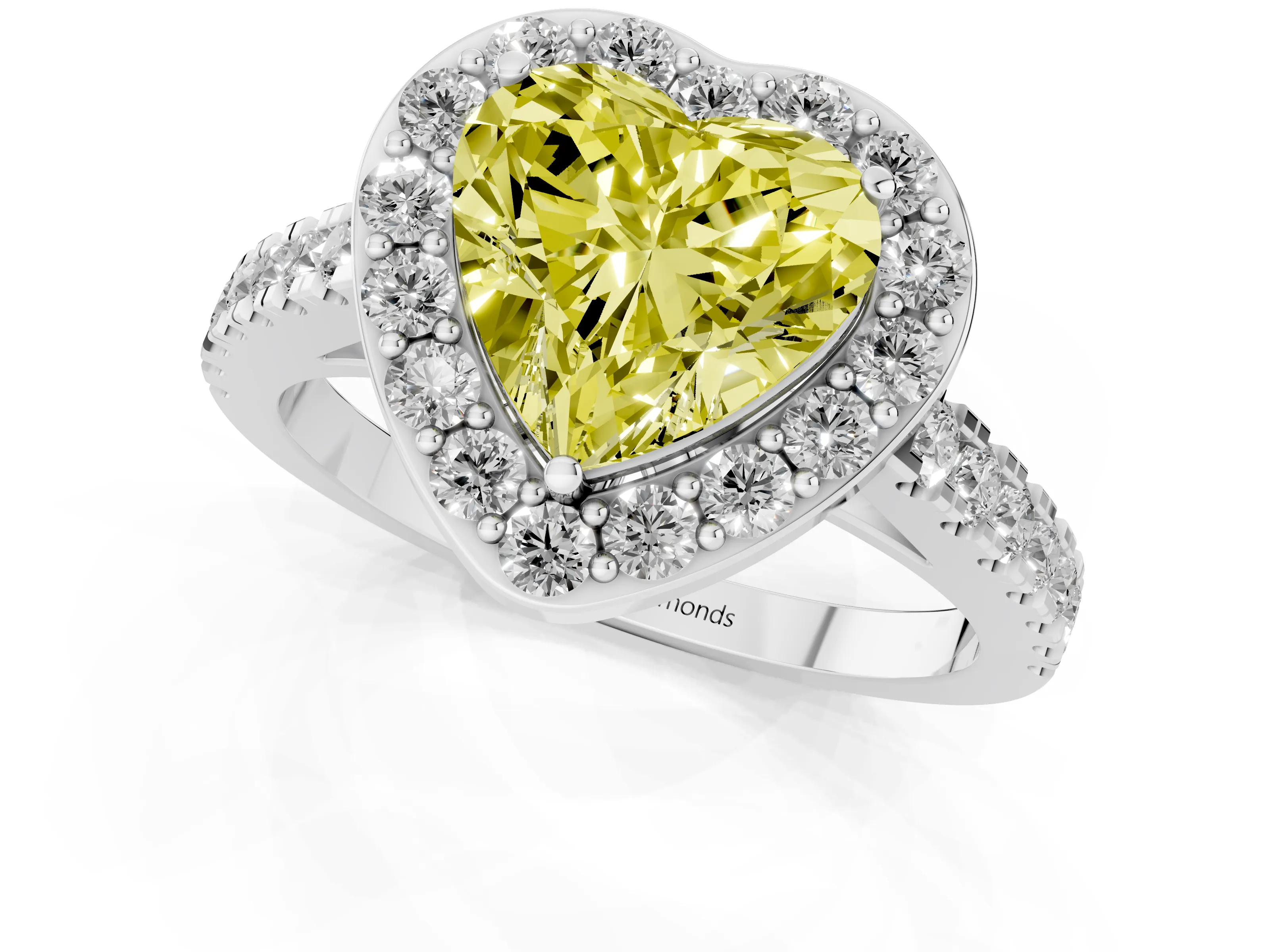 Fancy Yellow Heart Cut Diamond Halo Ring Set in Platinum with Round Pavé Split Shank and Prong Setting