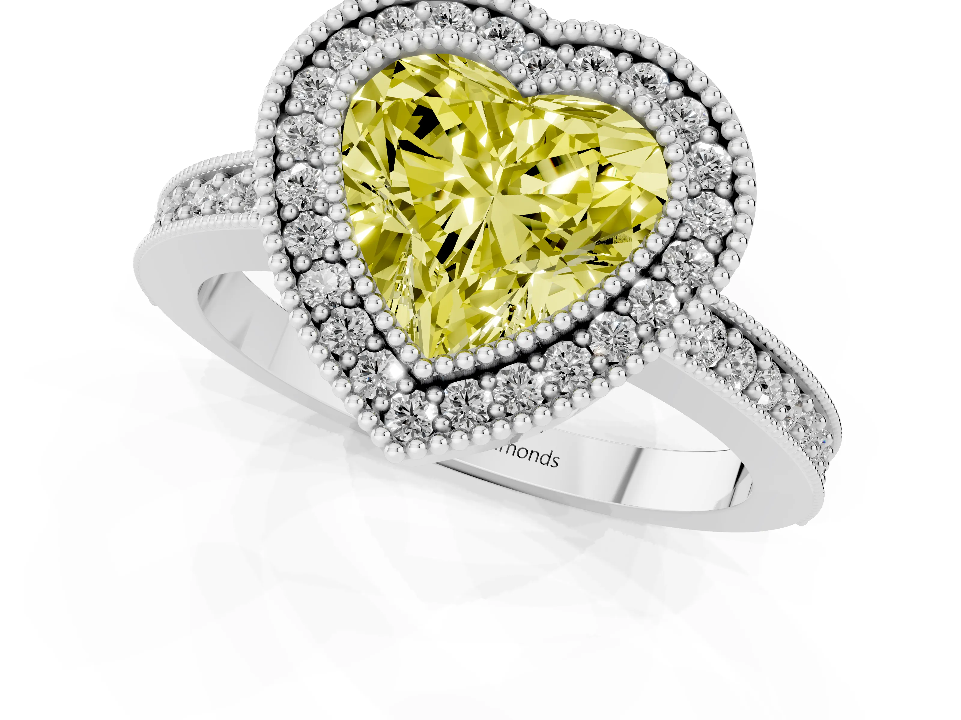 Fancy Yellow Heart Cut Diamond Halo Engagement Ring Set in White gold with Pavé Band and Round Halo Stones