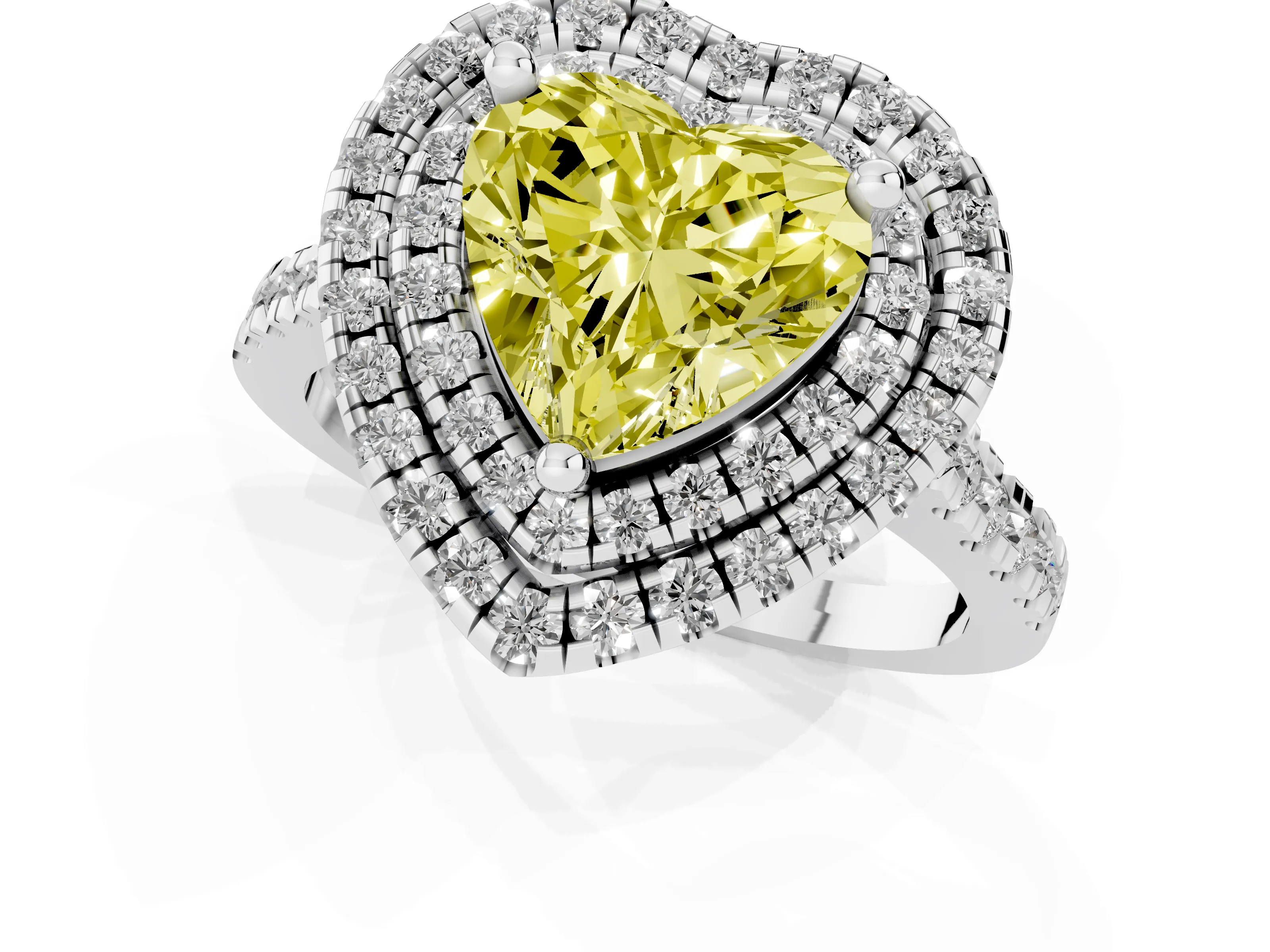 Fancy Yellow Heart Cut Diamond Double Halo Statement Ring Set in Silver with Pavé Band