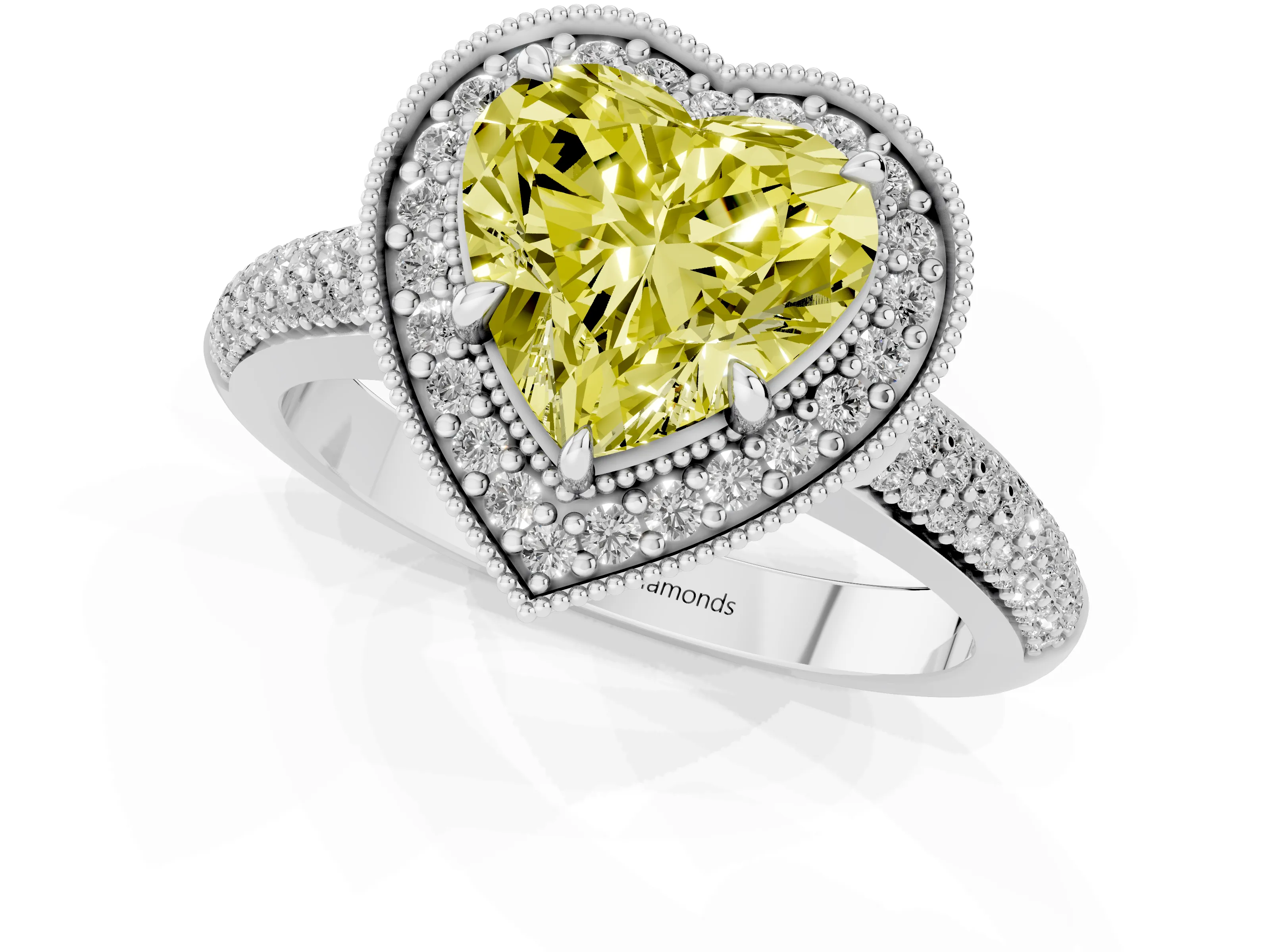 Fancy Yellow Heart Cut Diamond Halo Pavé Band Set in Silver with Prong Setting