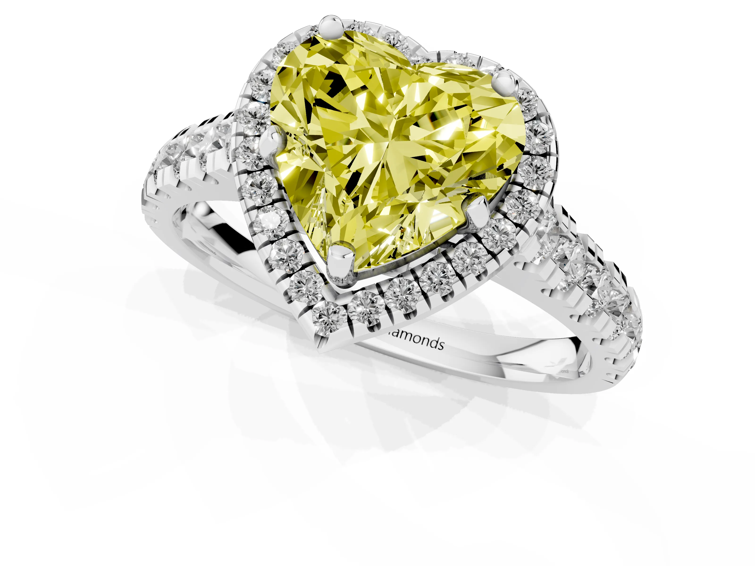 Fancy Yellow Heart Cut Diamond Halo Engagement Ring Set in Platinum with Pavé Band and Prong-Set Center