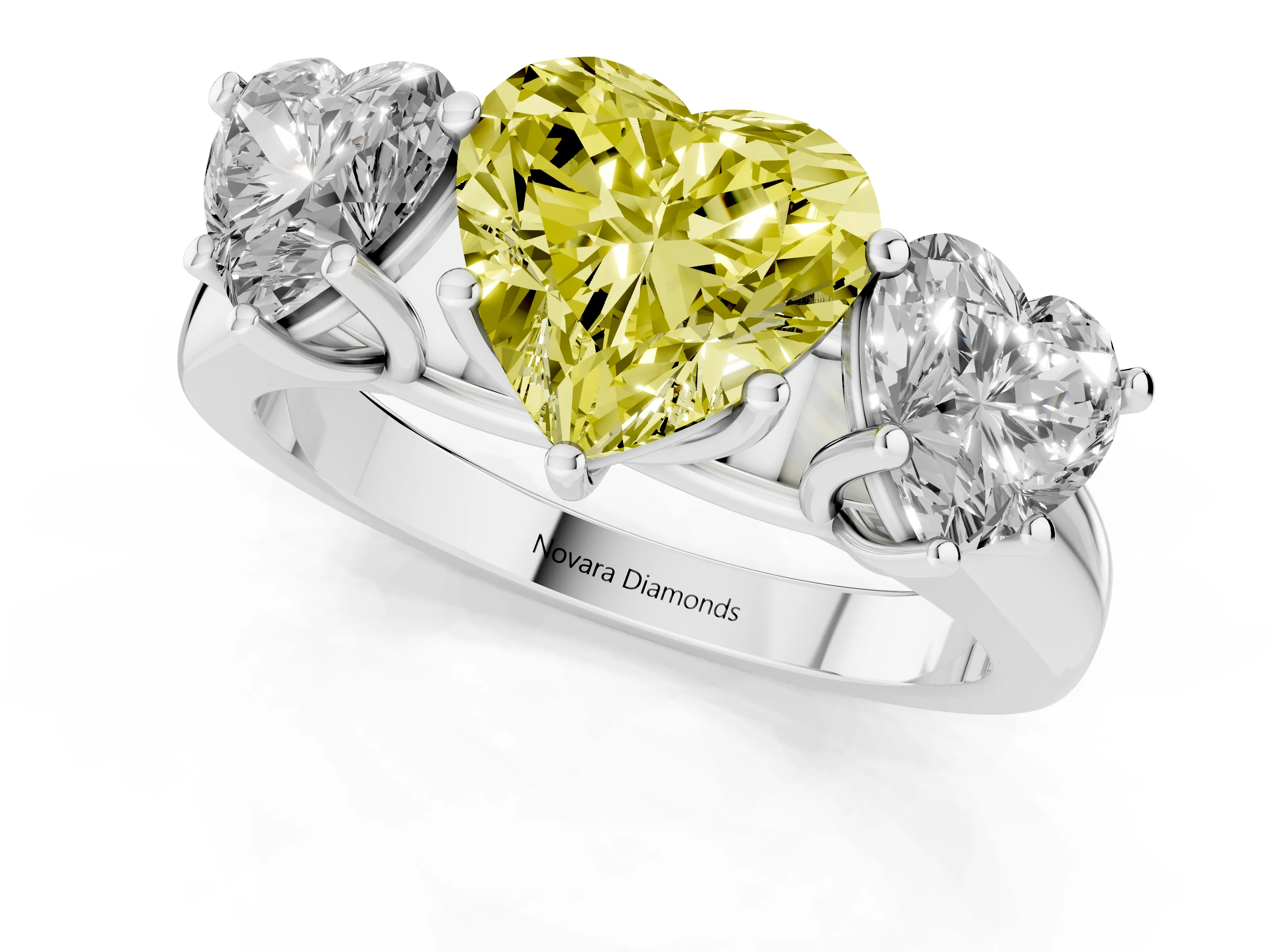 Fancy Yellow Heart Cut Diamond Three-Stone Ring Set in Silver with Plain Polished Band