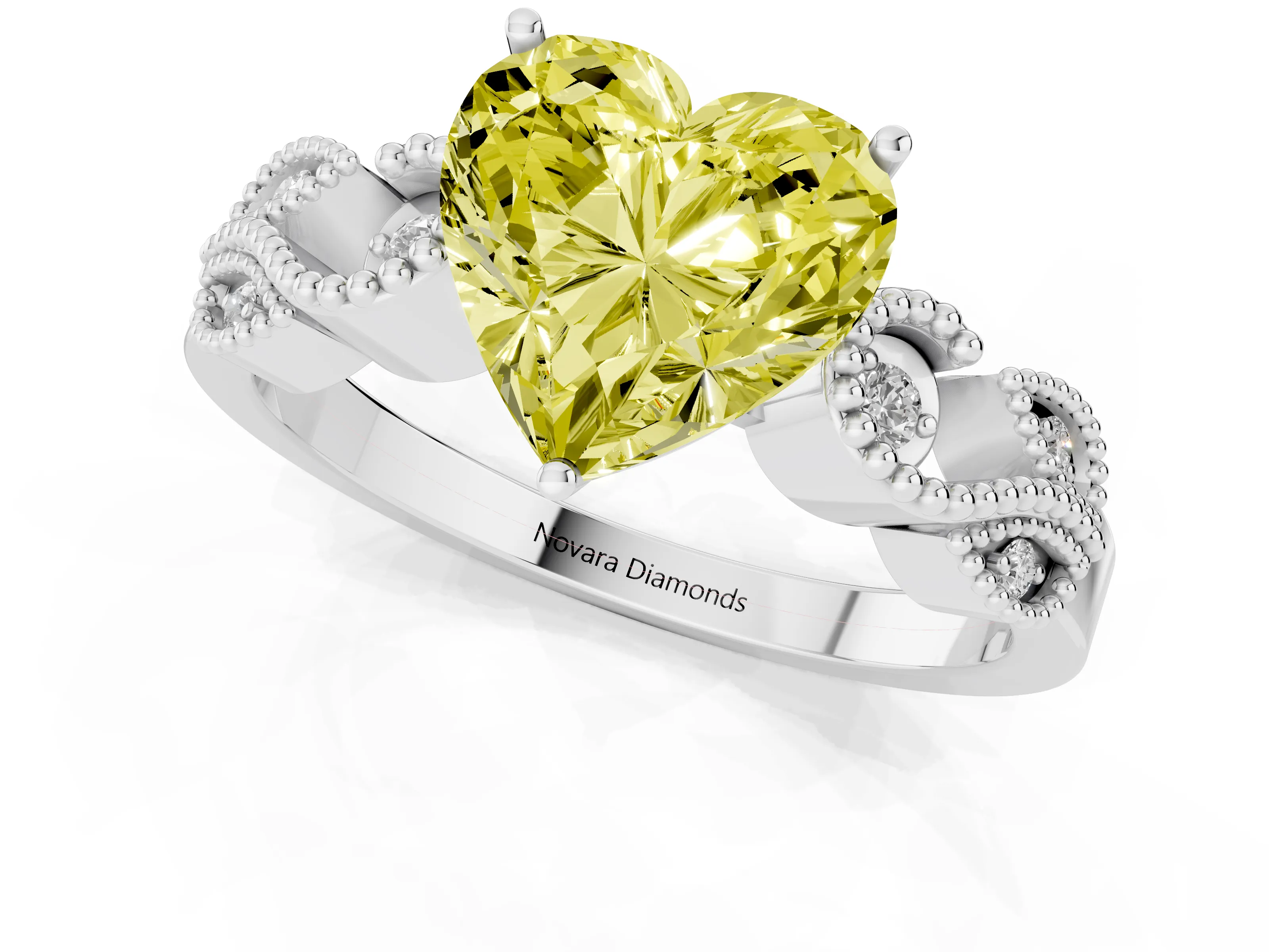 Fancy Yellow Heart Cut Diamond Milgrain Leaf Band Solitaire Ring Set in White gold with Accent Stones and Prong Setting