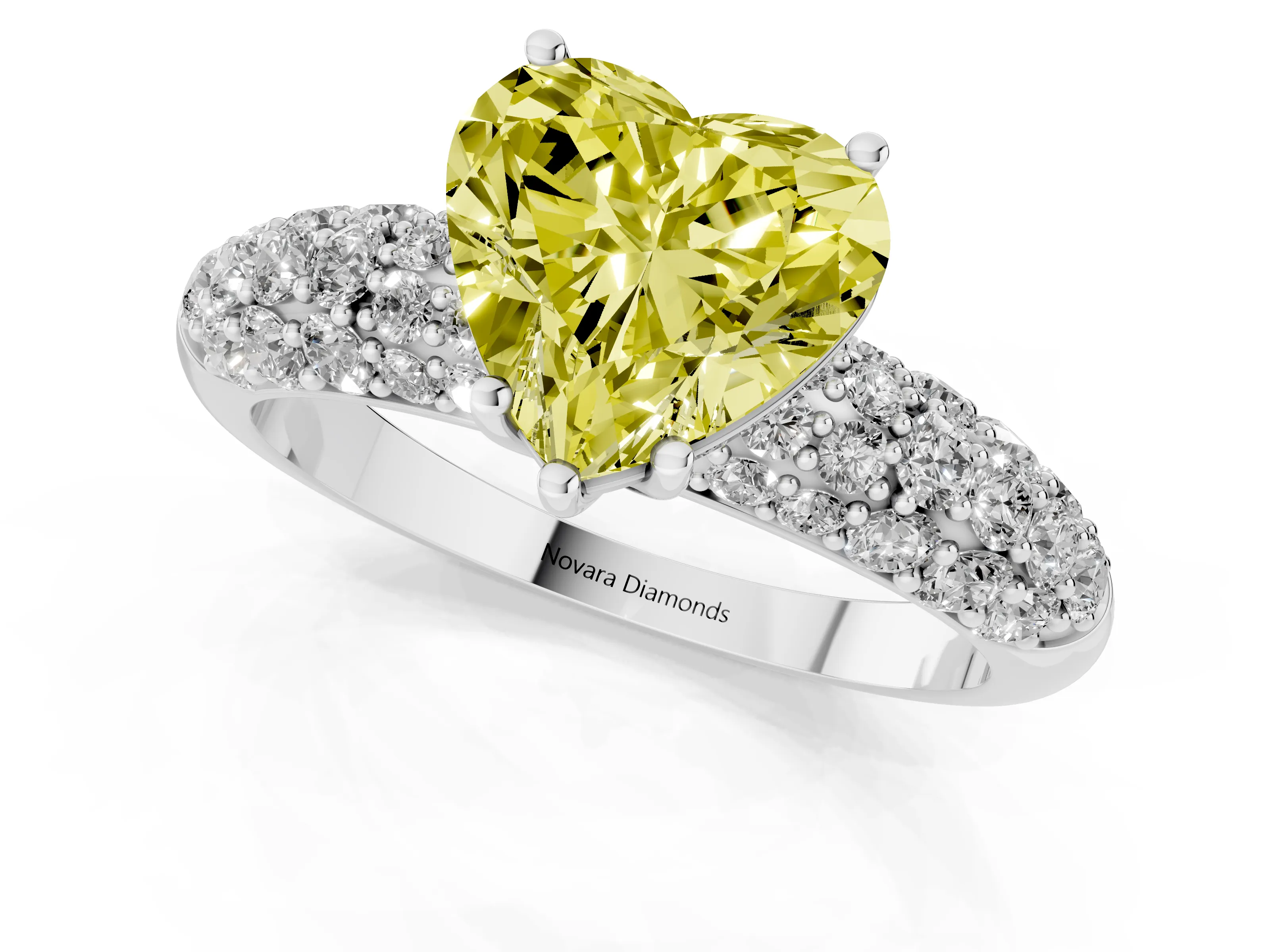 Fancy Yellow Heart Cut Diamond Pavé Band Solitaire Ring Set in Silver with Close-Set Accent Stones and Prong Setting
