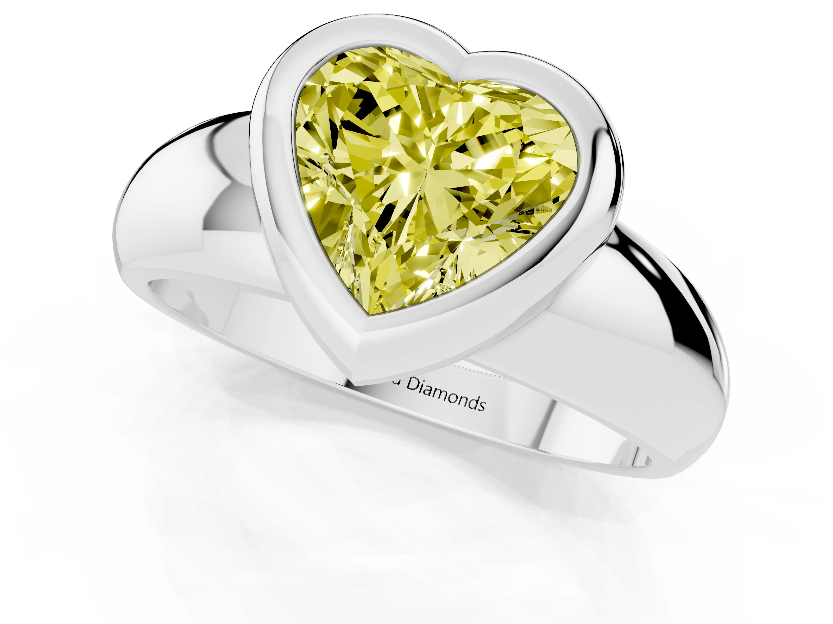 Fancy Yellow Bezel Set Heart Cut Diamond Solitaire Ring Set in White gold with Wide Band