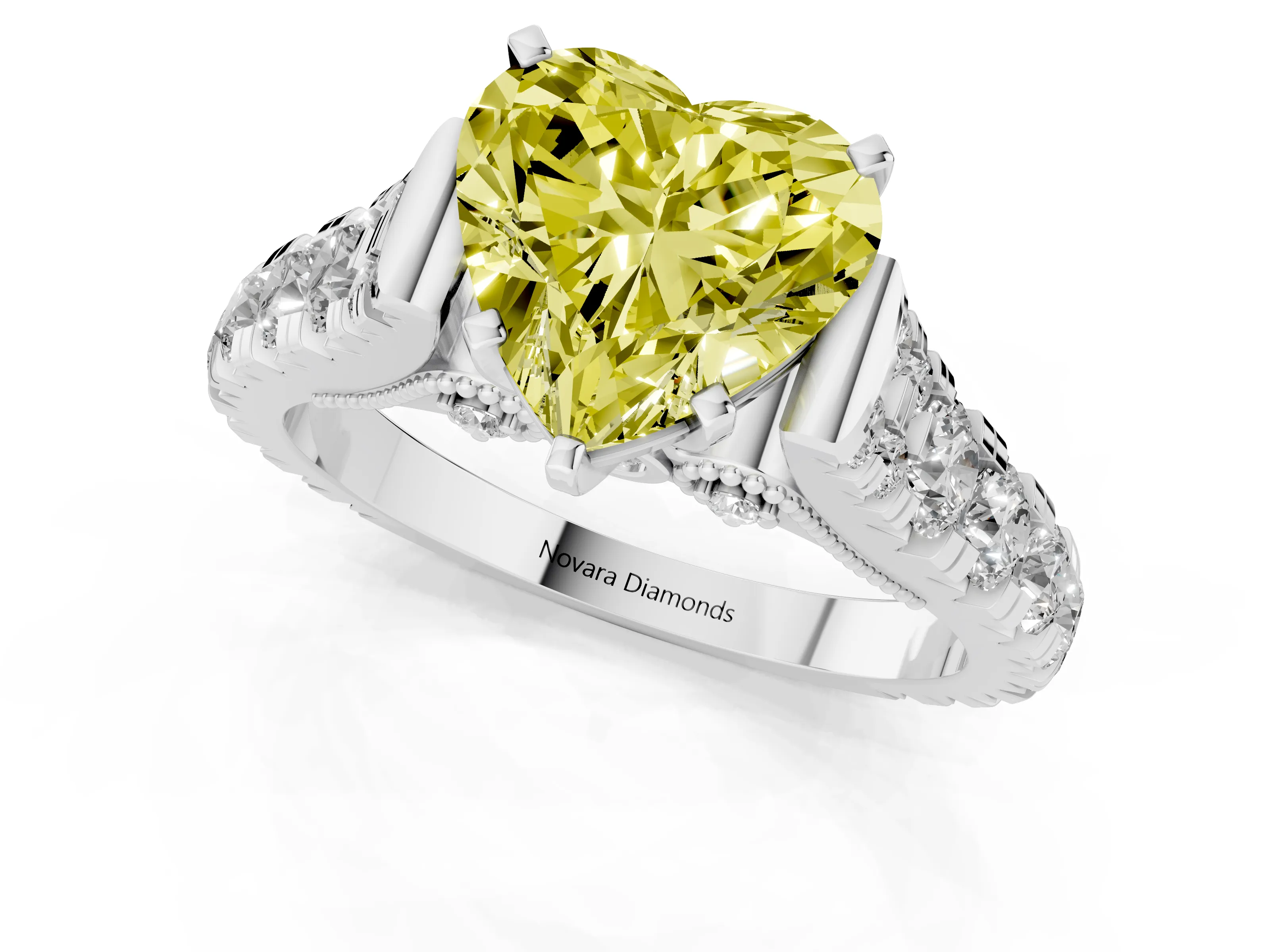 Fancy Yellow Heart Cut Diamond Classic Solitaire Ring Set in Silver with Pavé Band and Prong Setting