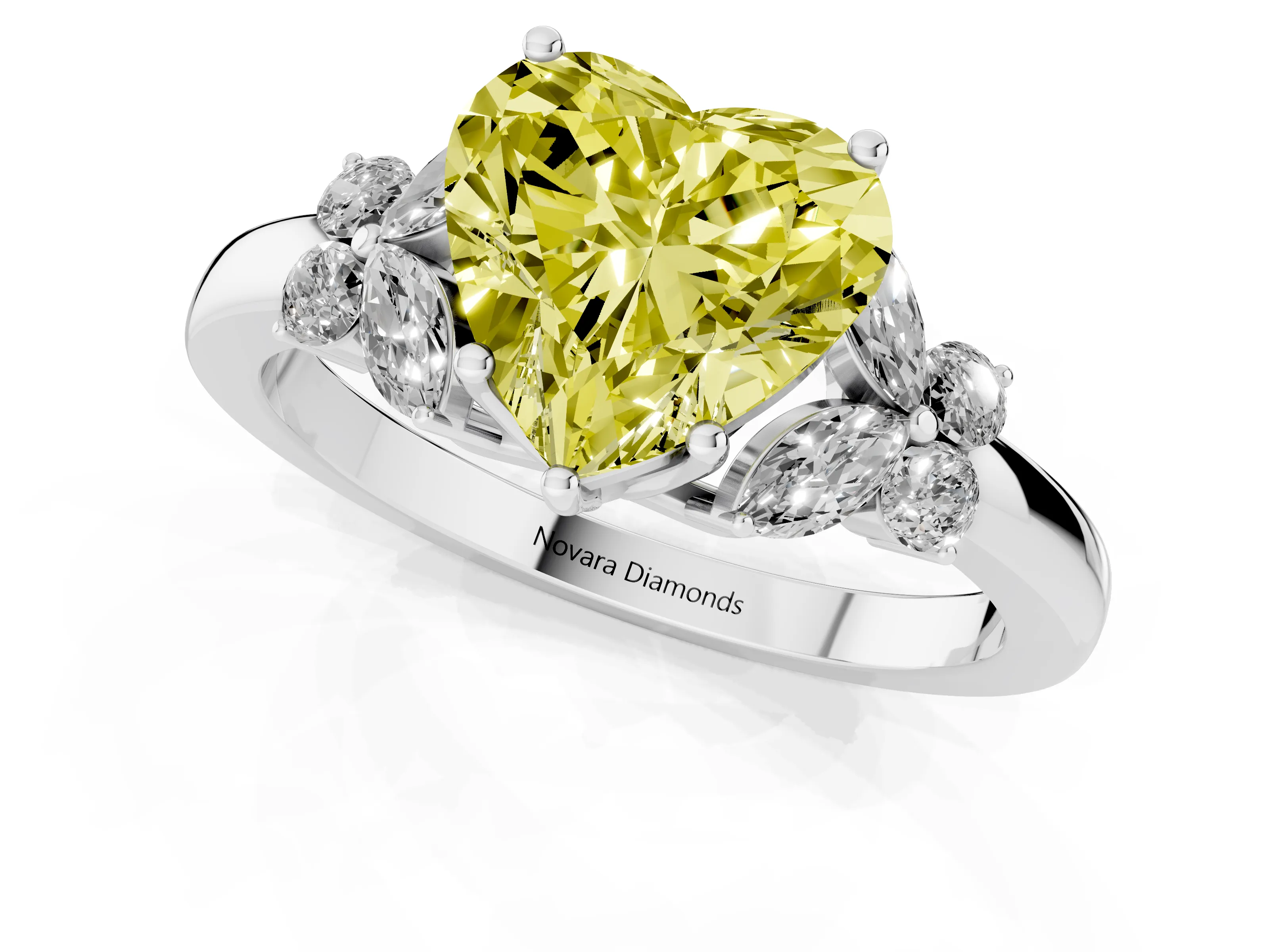 Fancy Yellow Heart Cut Diamond Solitaire Floral Ring Set in Platinum with Marquise Petals and Prong Setting