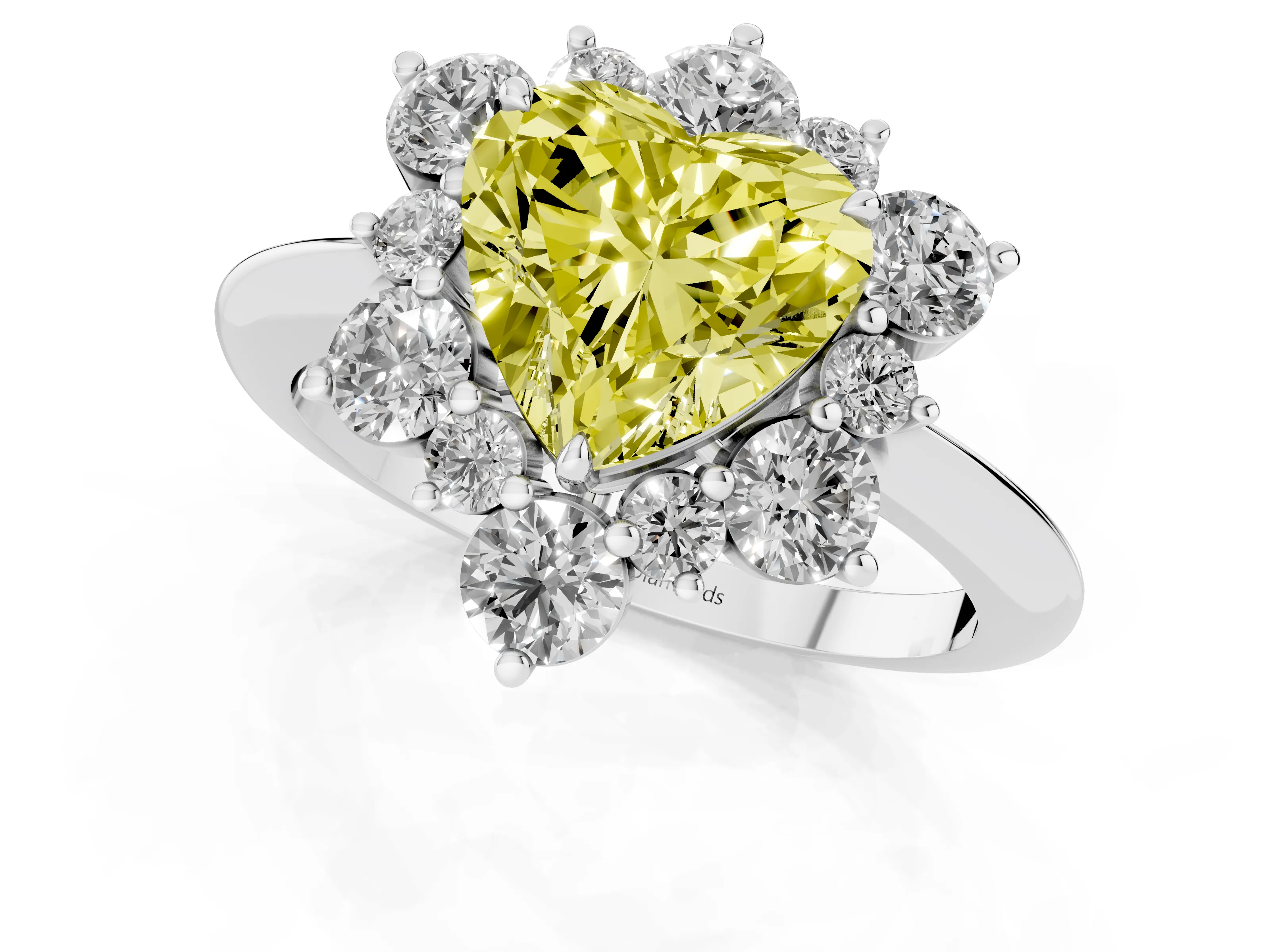 Fancy Yellow Heart Cut Diamond Cluster Halo Ring Set in White gold with Solitaire Band and Prong Setting