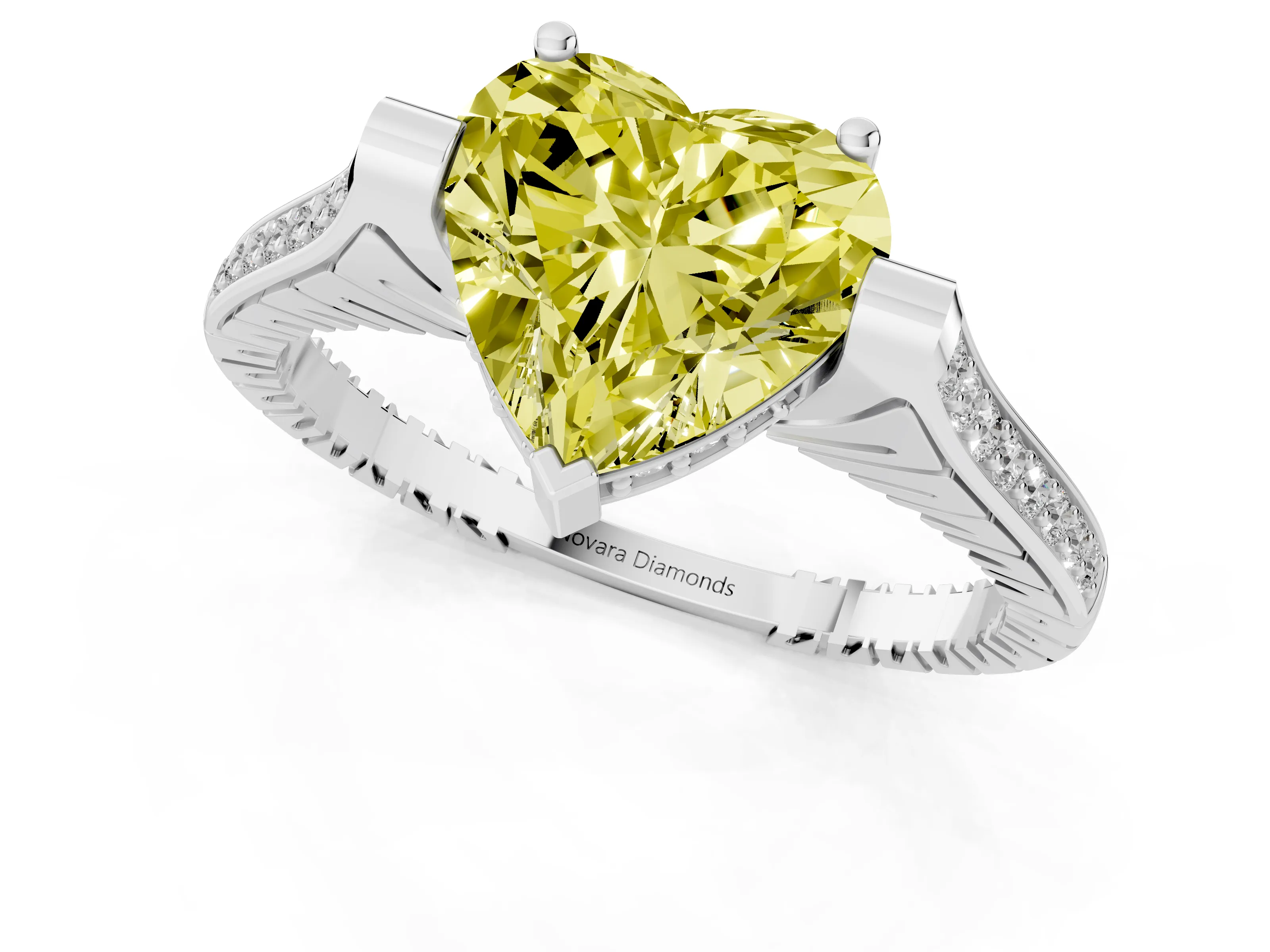 Fancy Yellow Heart Cut Diamond Solitaire Ring Set in White gold with Channel Set Band and Bezel Prong Setting