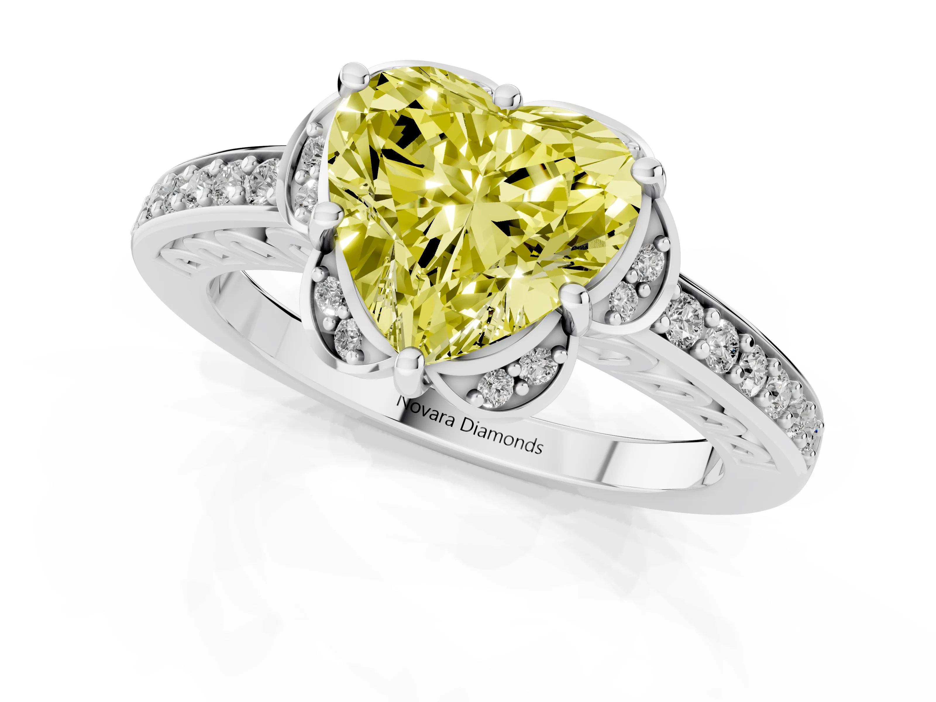 Fancy Yellow Heart Cut Diamond Halo Ring Set in Platinum with Channel Set Band and Prong Setting – second view