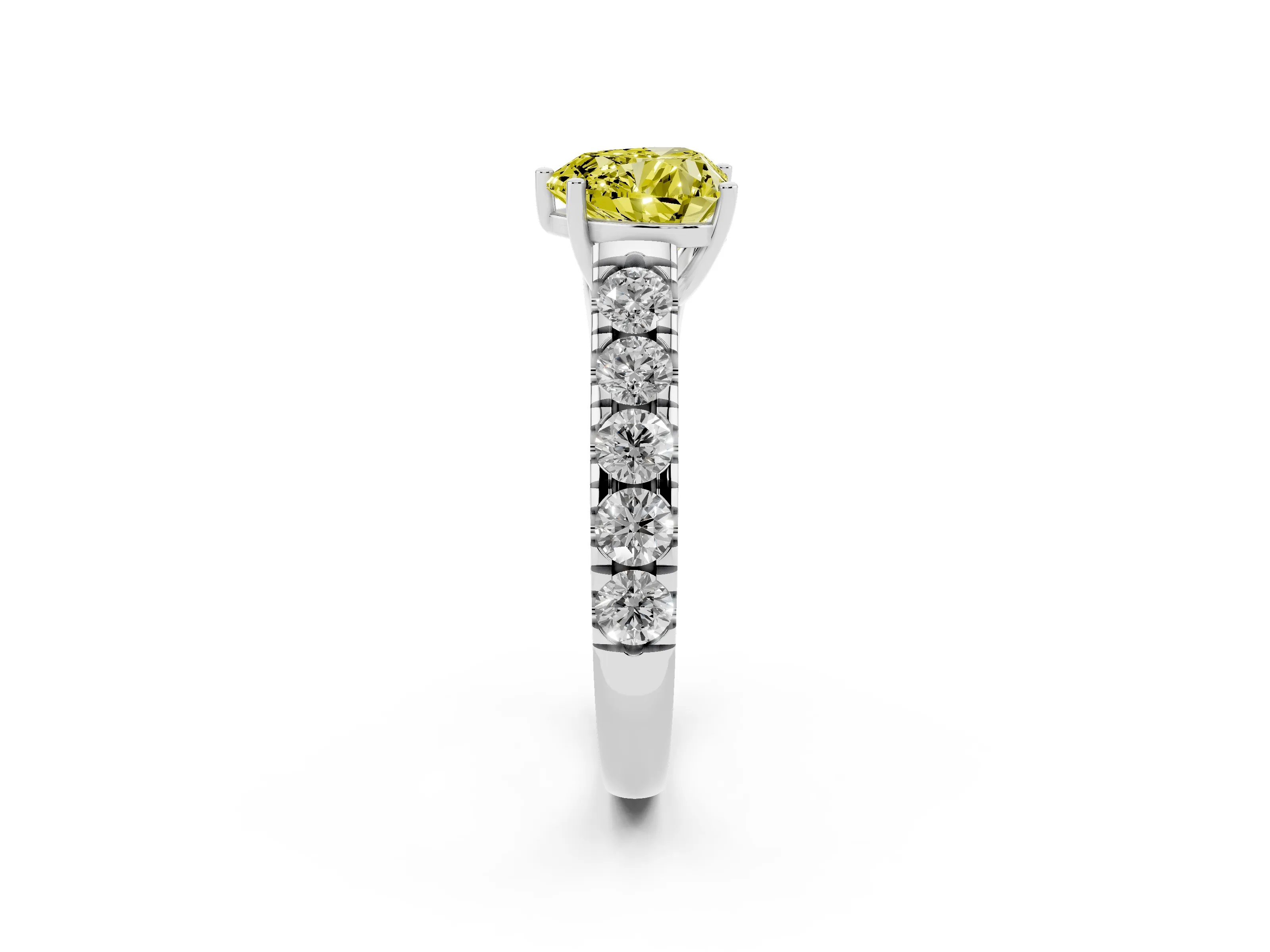 Fancy Yellow Heart Cut Diamond Solitaire Ring Set in White gold with Cut-Down Micro Pavé Band and Prong Setting