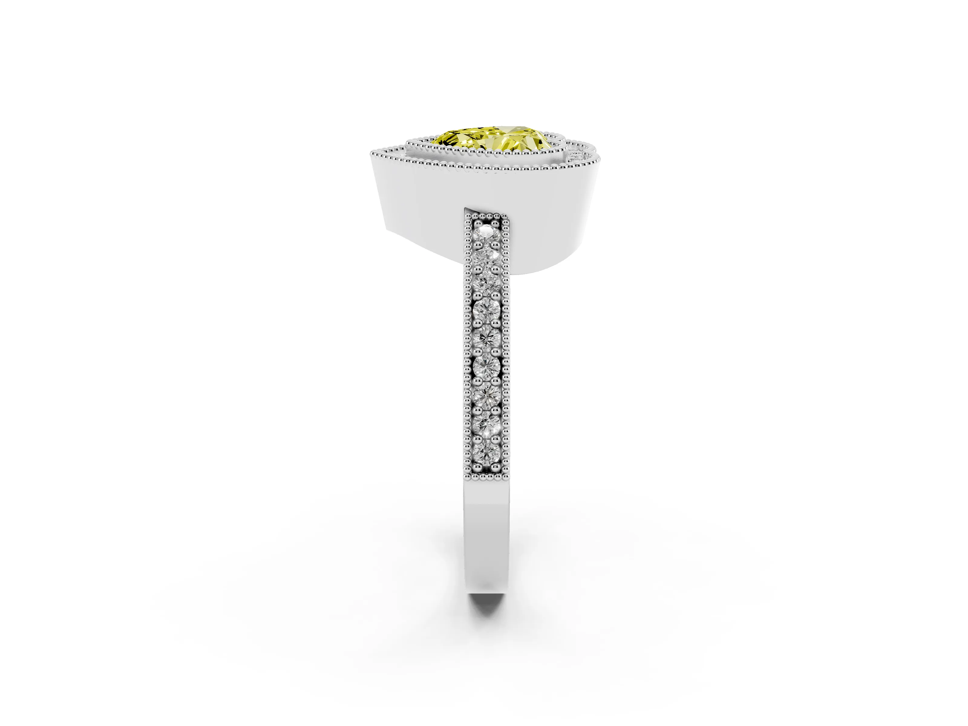 Fancy Yellow Heart Cut Diamond Halo Engagement Ring Set in White gold with Pavé Band and Round Halo Stones