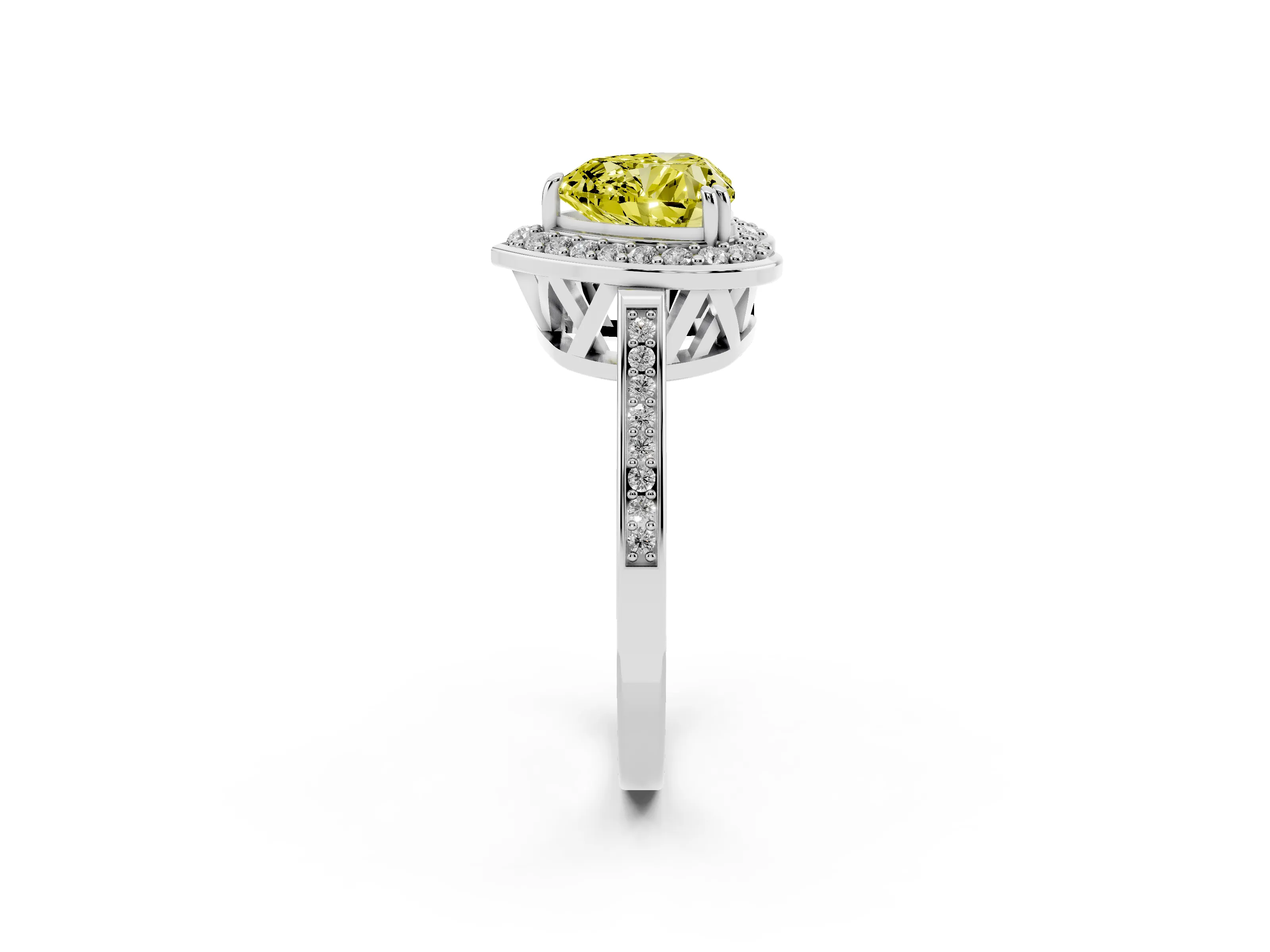 Fancy Yellow Heart Cut Diamond Halo Ring Set in White gold with Accent-Lined Split Shank and Prong Setting