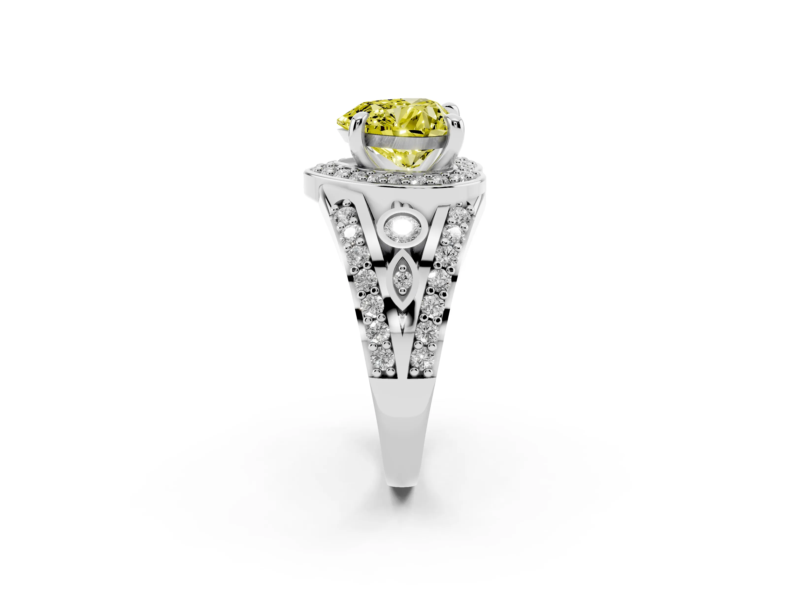 Fancy Yellow Heart Cut Diamond Halo Ring Set in White gold with Pavé Split Shank and Bezel Accents