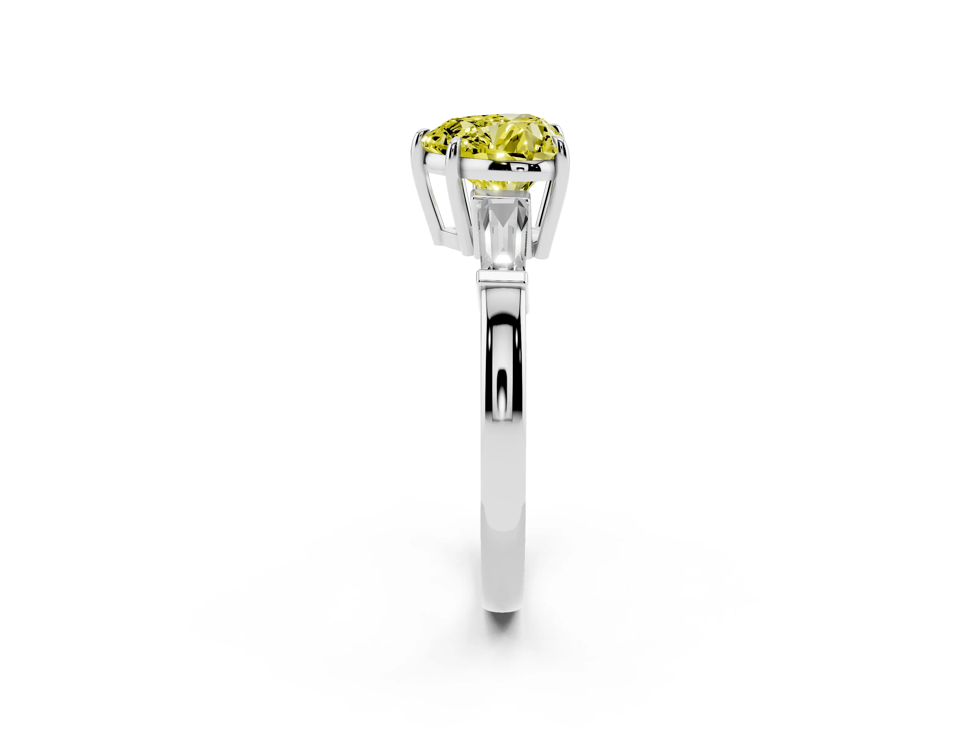 Fancy Yellow Heart Cut Diamond Three-Stone Ring Set in Platinum with Tapered Baguette Side Stones and Prong Setting